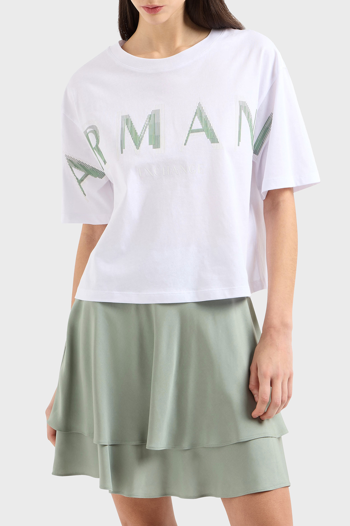 Armani Exchage % 100 Pamuk Cropped Fit Bisiklet Yaka Logolu Kadın T Shirt XW000520 AF10359 U0002 BEYAZ