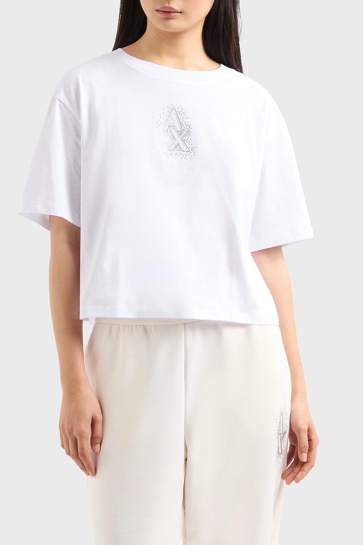 Armani Exchage % 100 Pamuk Cropped Fit Bisiklet Yaka Taşlı Logolu Kadın T Shirt XW000102 AF10359 U0002 BEYAZ