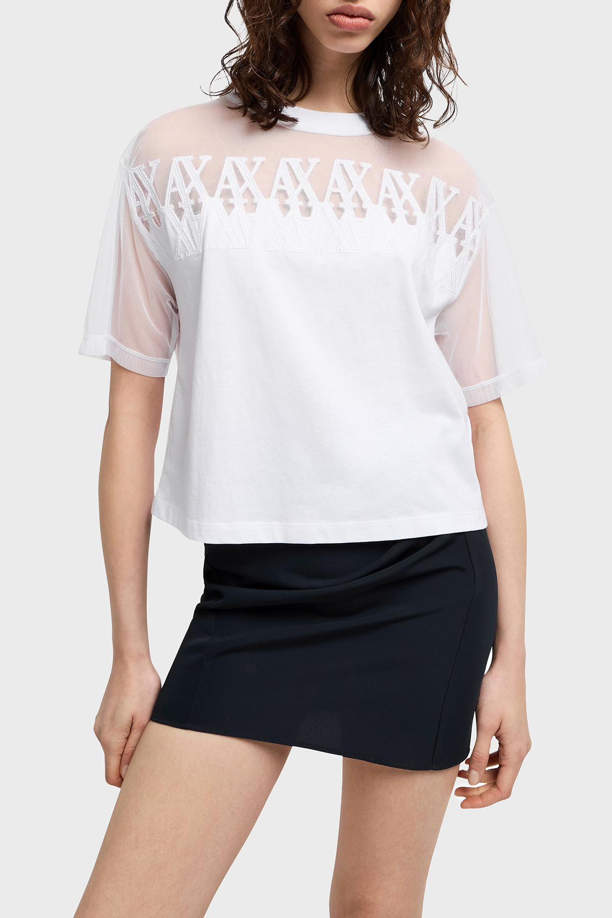 Armani Exchage % 100 Pamuk Cropped Fit Tül Detaylı Kadın T Shirt XW000516 AF10359 U0002 BEYAZ