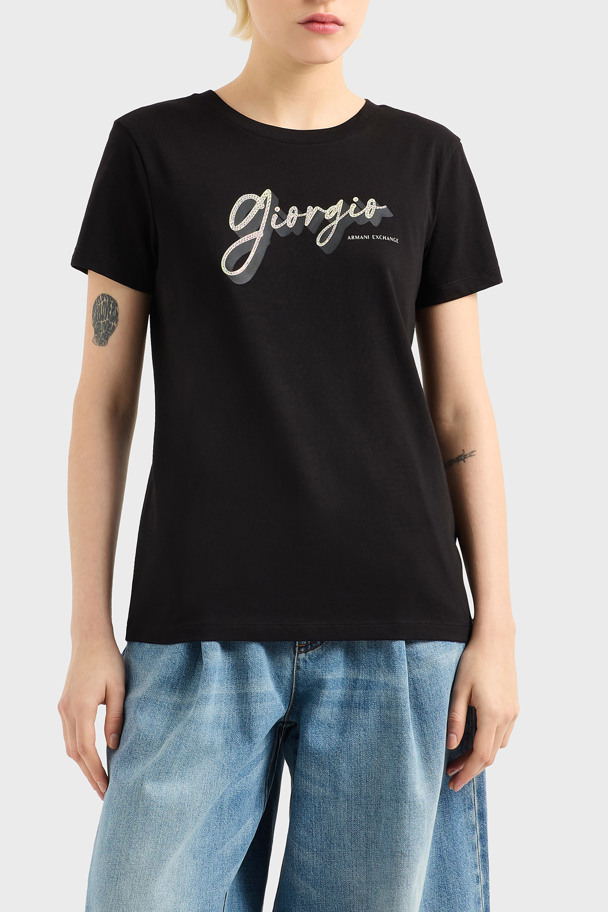 Armani Exchage % 100 Pamuk Regular Fit Bisiklet Yaka Baskılı Kadın T Shirt XW000542 AF10359 UC001 SİYAH