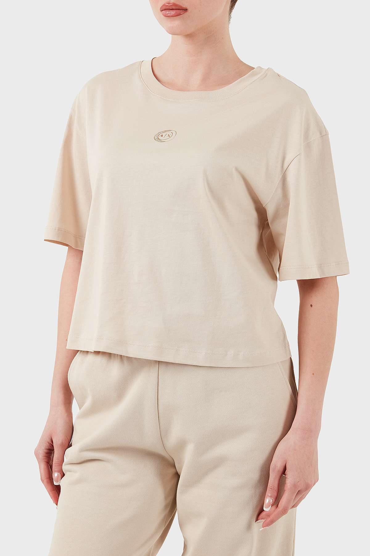 Armani Exchage % 100 Pamuk Regular Fit Bisiklet Yaka Kadın T Shirt XW000321 AF10356 U1095 BEJ