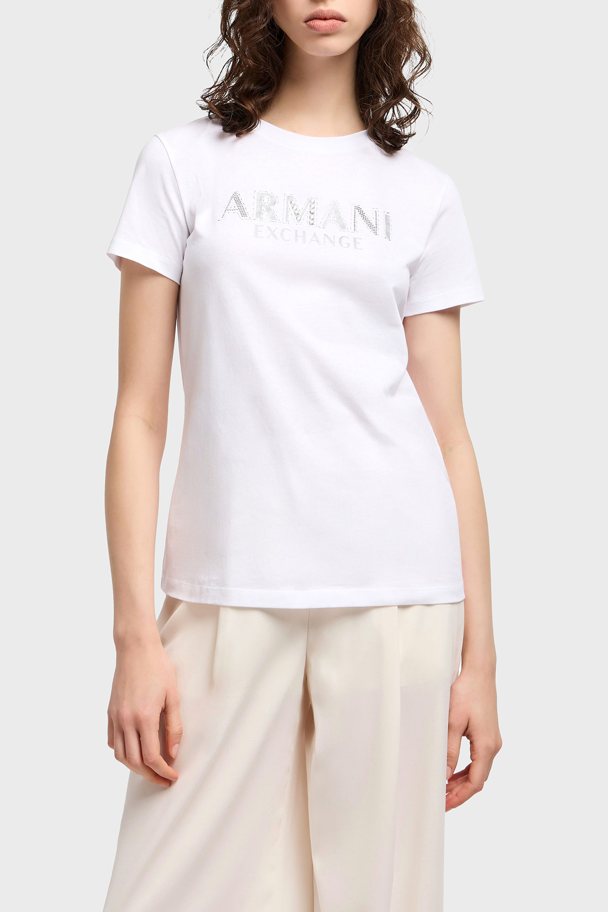 Armani Exchage % 100 Pamuk Regular Fit Bisiklet Yaka Logolu Kadın T Shirt XW000387 AF10354 U0002 BEYAZ