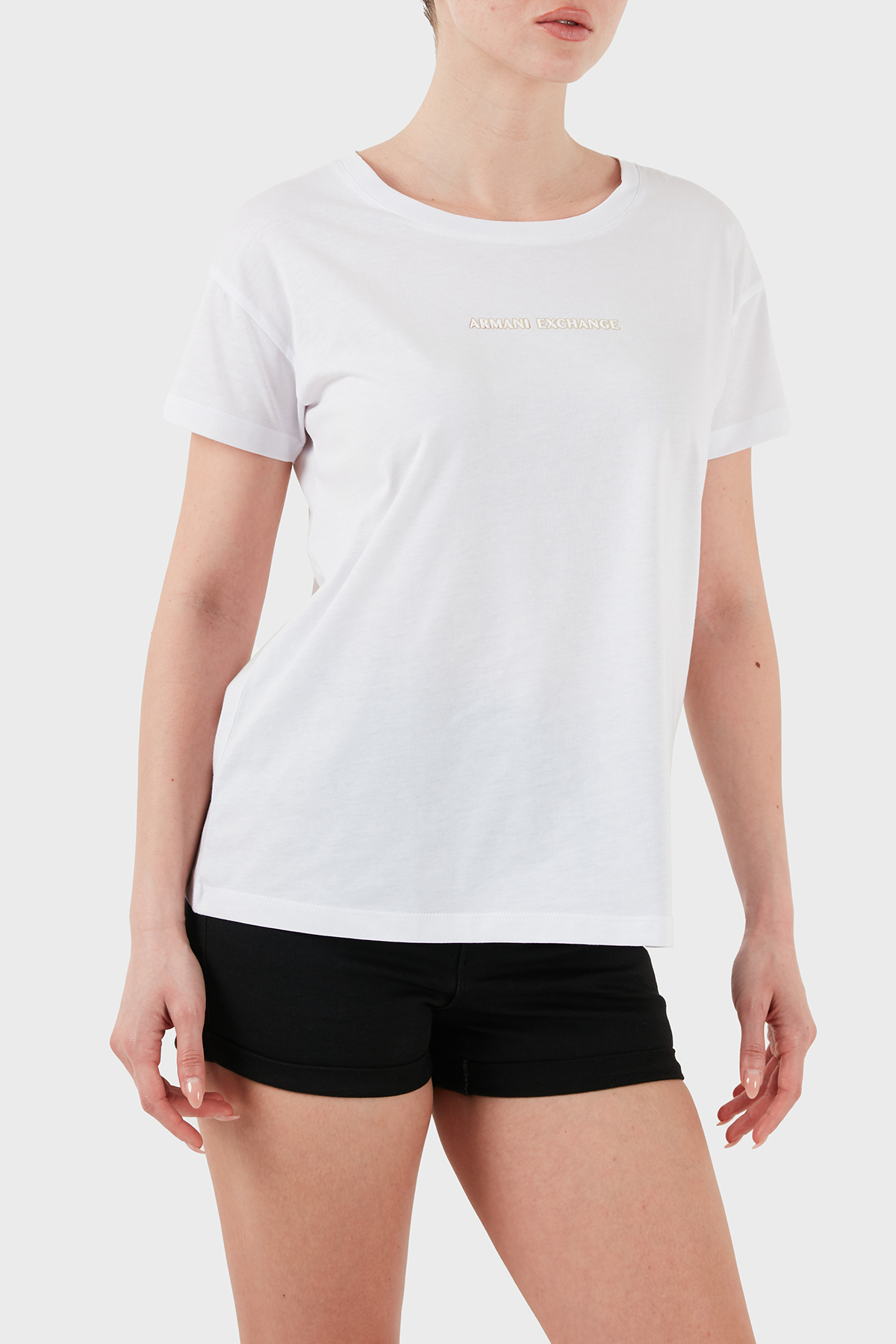 Armani Exchage % 100 Pamuk Regular Fit Bisiklet Yaka Logolu Kadın T Shirt XW000534 AF10359 U0002 BEYAZ