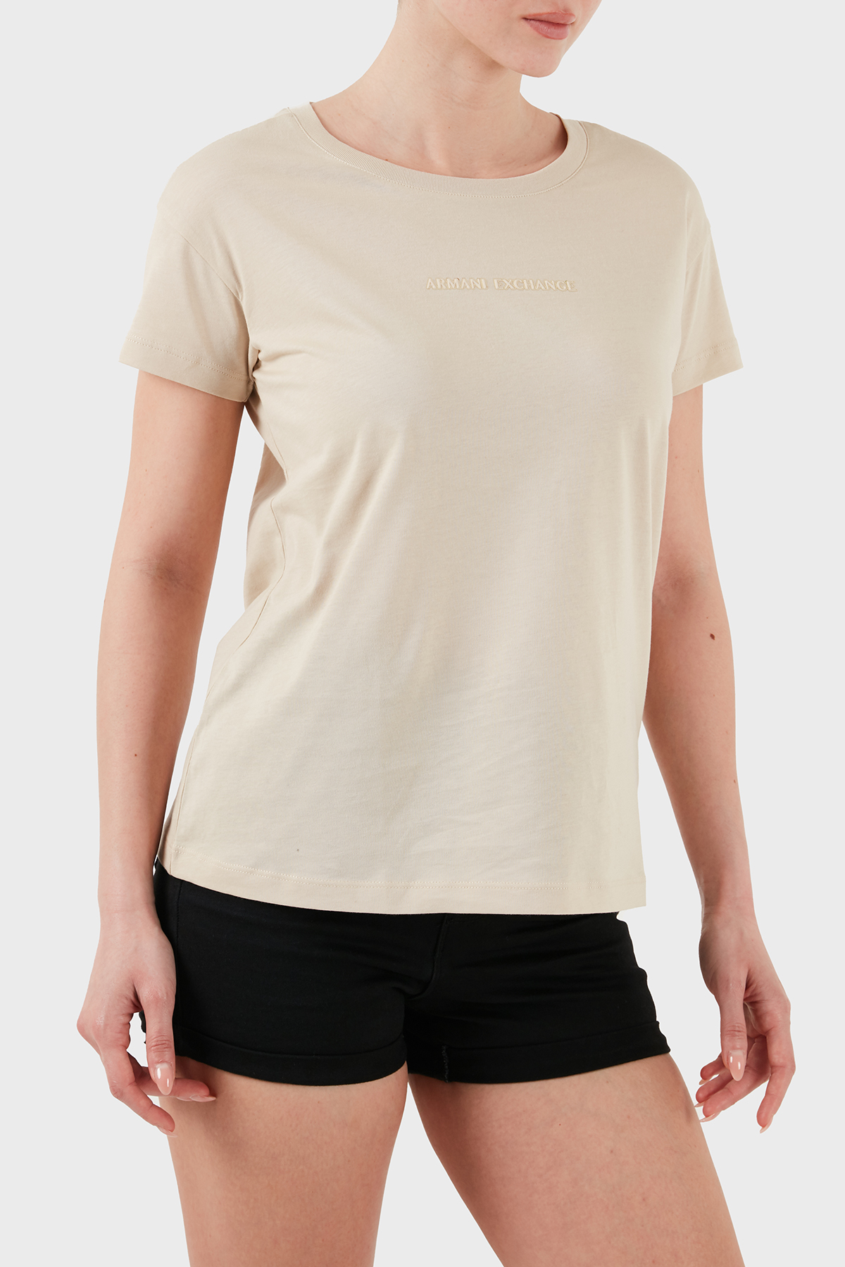 Armani Exchage % 100 Pamuk Regular Fit Bisiklet Yaka Logolu Kadın T Shirt XW000534 AF10359 U1092 KREM