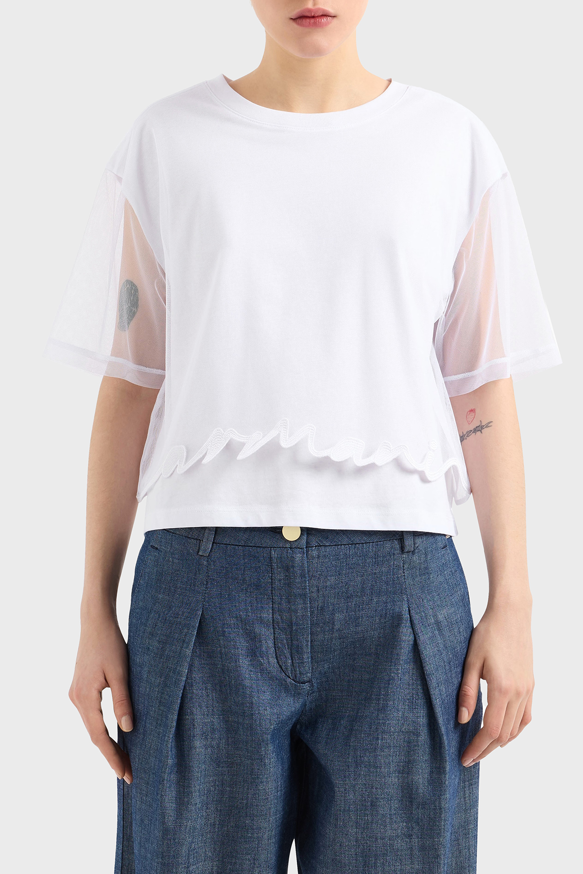 Armani Exchage % 100 Pamuk Regular Fit Tül Detaylı Crop Kadın T Shirt XW000541 AF10359 U0002 BEYAZ