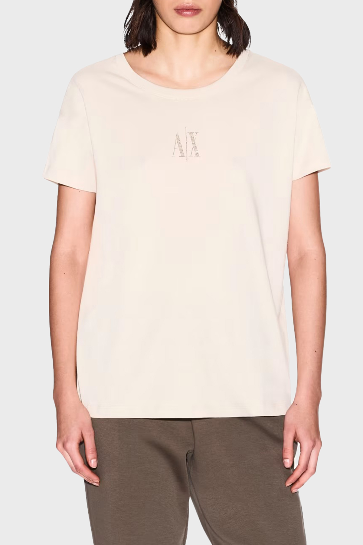 Armani Exchage % 100 Pamuk Relaxed Fit Taşlı Logolu Kadın T Shirt XW000830 AF10356 U1092 KREM