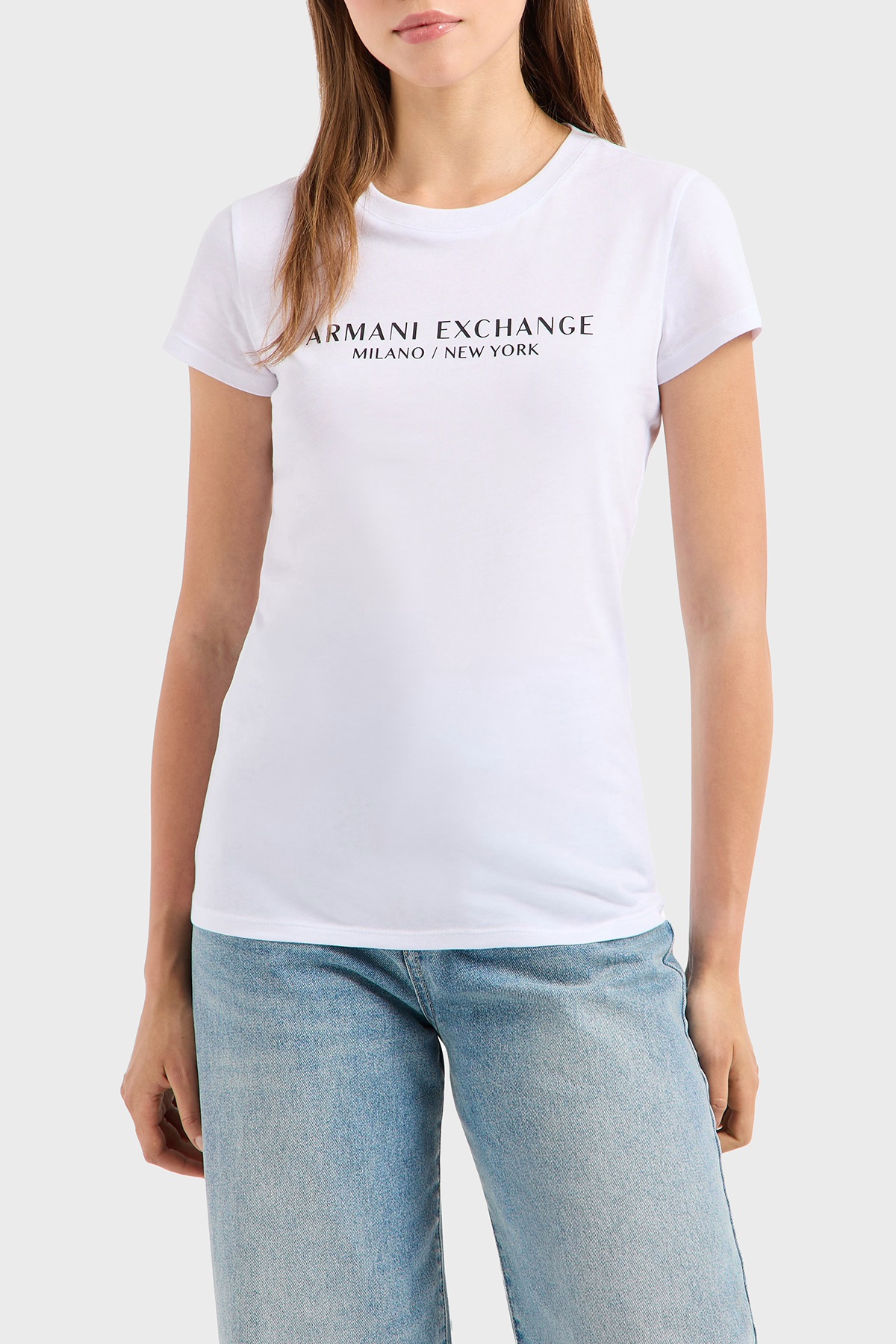 Armani Exchage Logo Baskılı % 100 Pamuk Slim Fit Yuvarlak Yaka Kadın T Shirt 8NYTAB YJG3Z 1000 BEYAZ