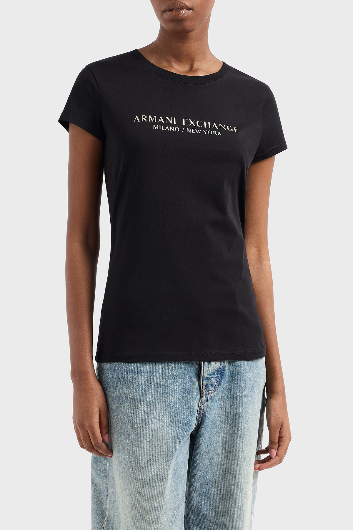 Armani Exchage Logo Baskılı % 100 Pamuk Slim Fit Yuvarlak Yaka Kadın T Shirt 8NYTAB YJG3Z 52AK SİYAH-GOLD