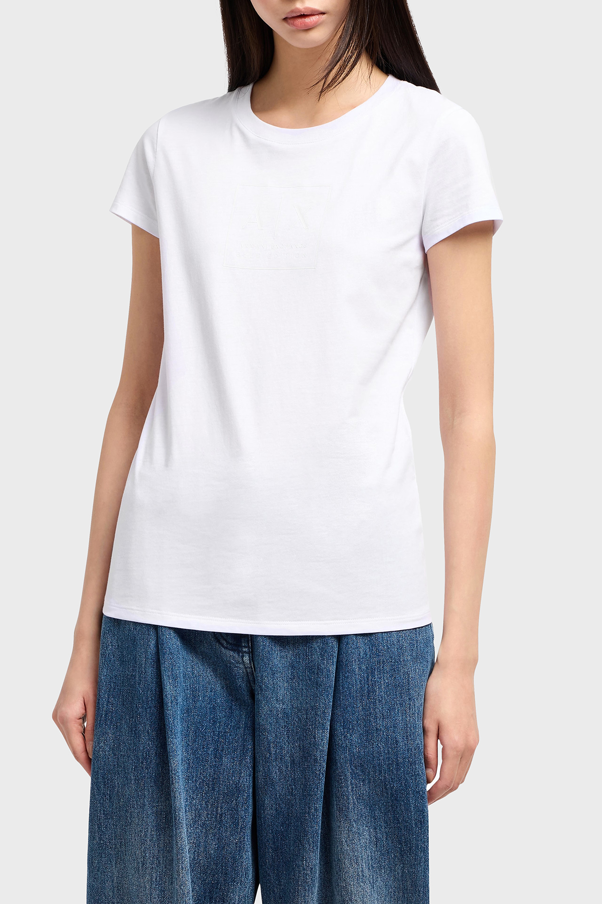 Armani Exchage Logolu % 100 Pamuk Slim Fit Bisiklet Yaka Kadın T Shirt XW000530 AF10359 U0002 BEYAZ