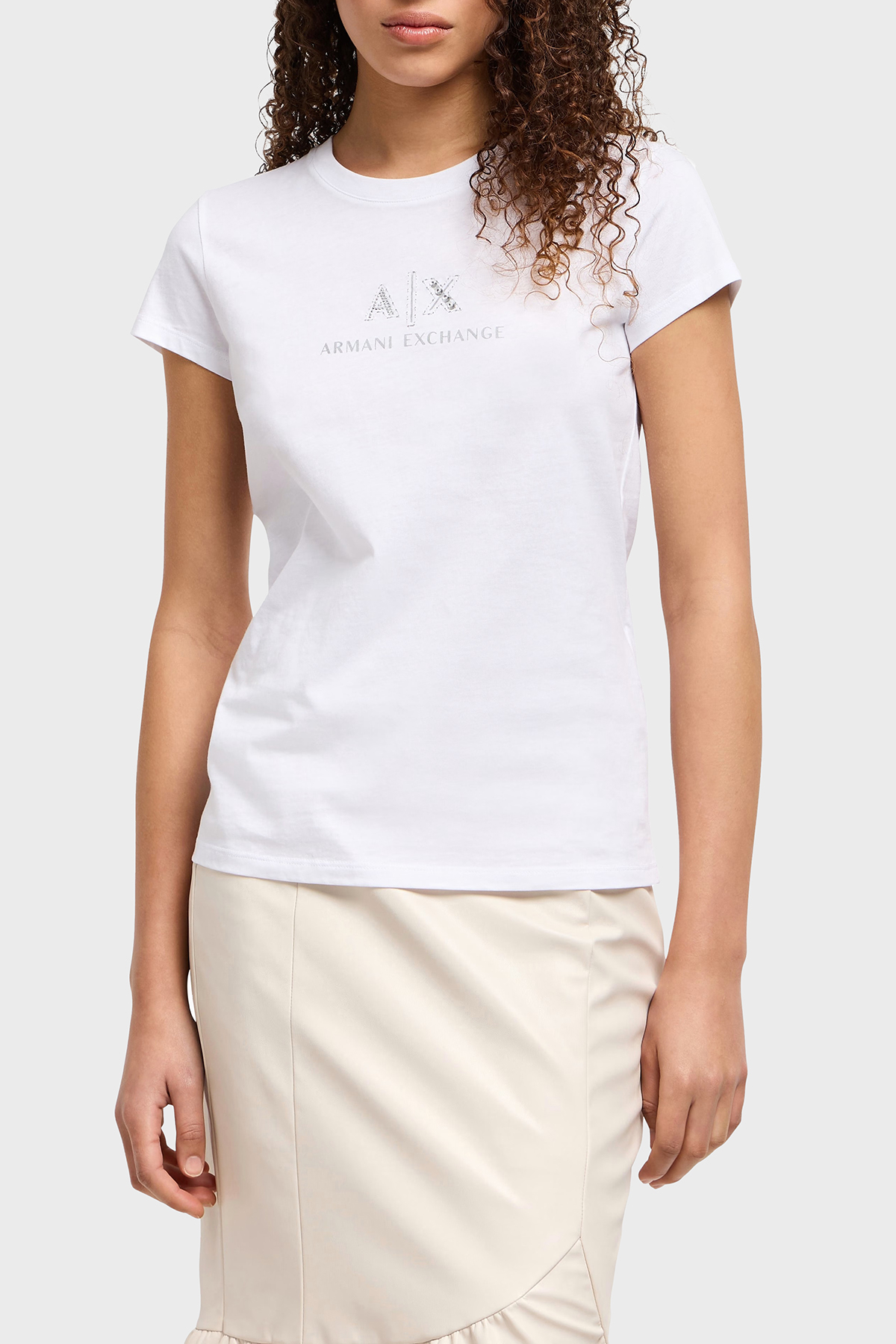 Armani Exchage Taşlı % 100 Pamuk Slim Fit Bisiklet Yaka Kadın T Shirt XW000386 AF10354 U0002 BEYAZ