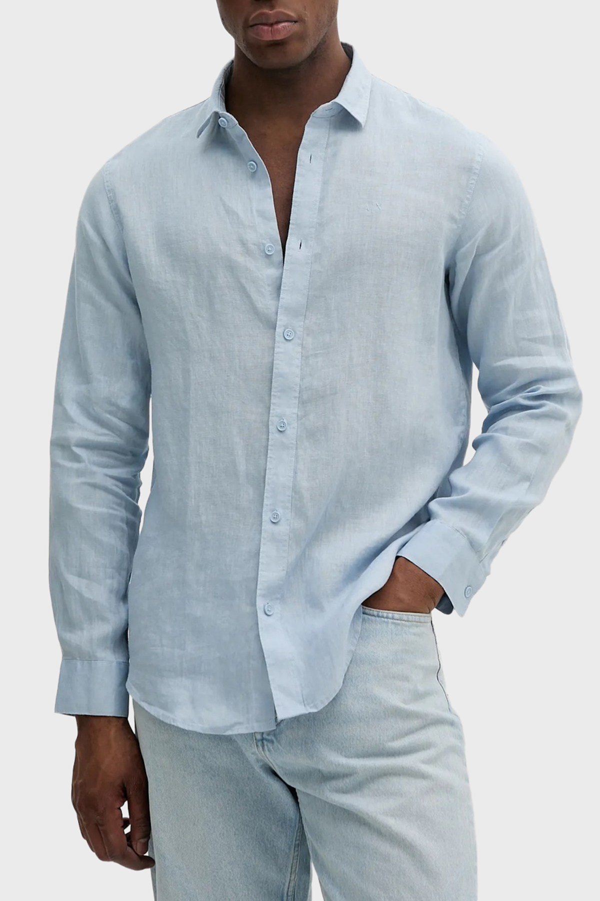 Armani Exchange % 100 Keten Normal Kalıp Klasik Yaka Erkek Gömlek XM001221 AF14619 U9360 AÇIK MAVİ