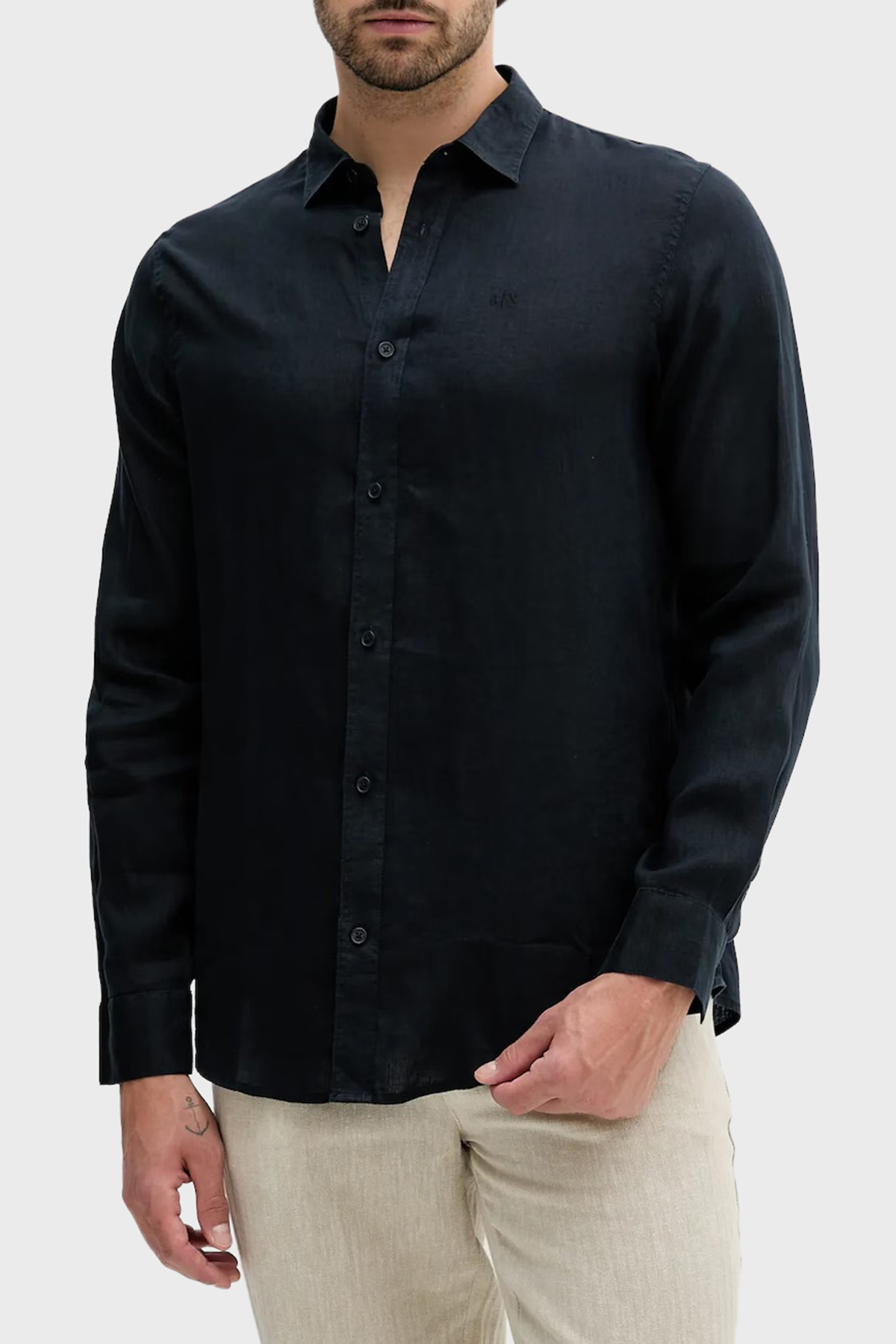 Armani Exchange % 100 Keten Normal Kalıp Klasik Yaka Erkek Gömlek XM001221 AF14619 UB101 LACİVERT
