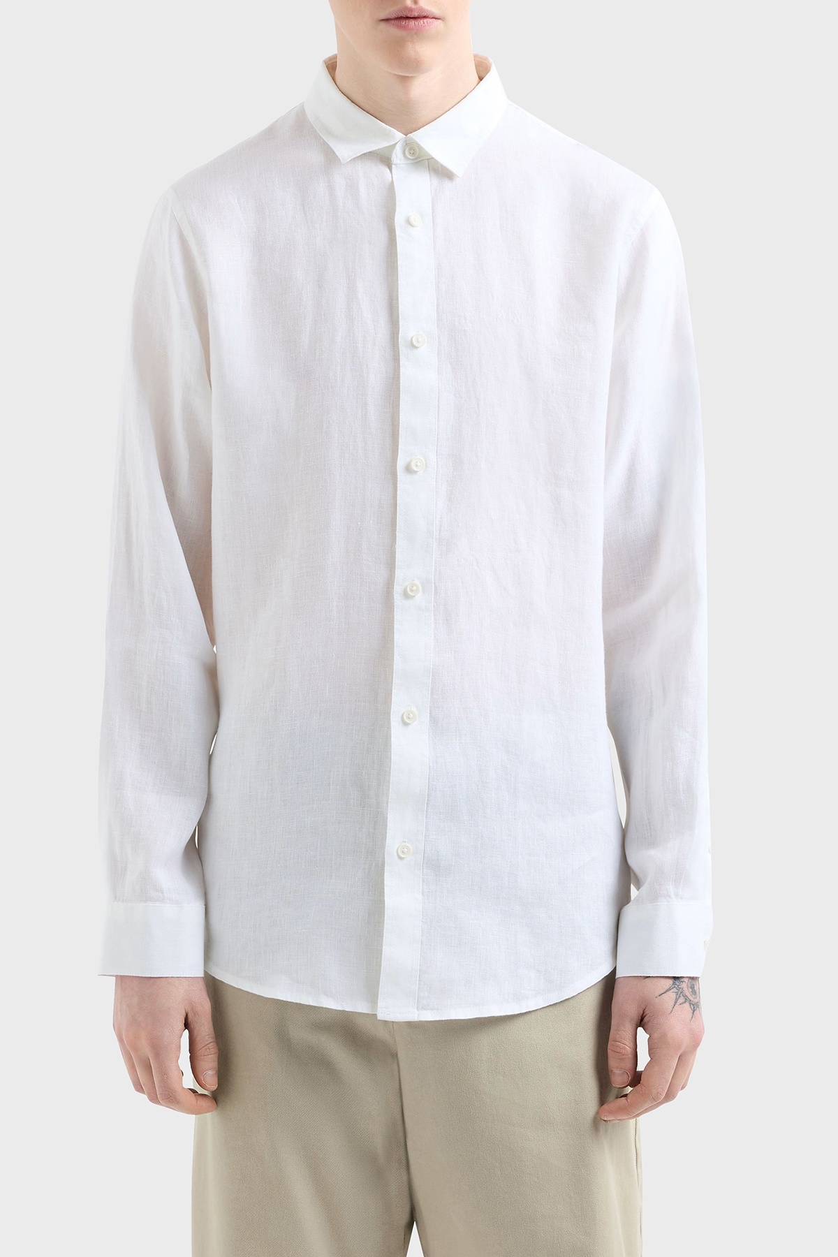 Armani Exchange % 100 Keten Regular Fit Düz Yaka Erkek Gömlek XM001221 AF14619 U0001 BEYAZ