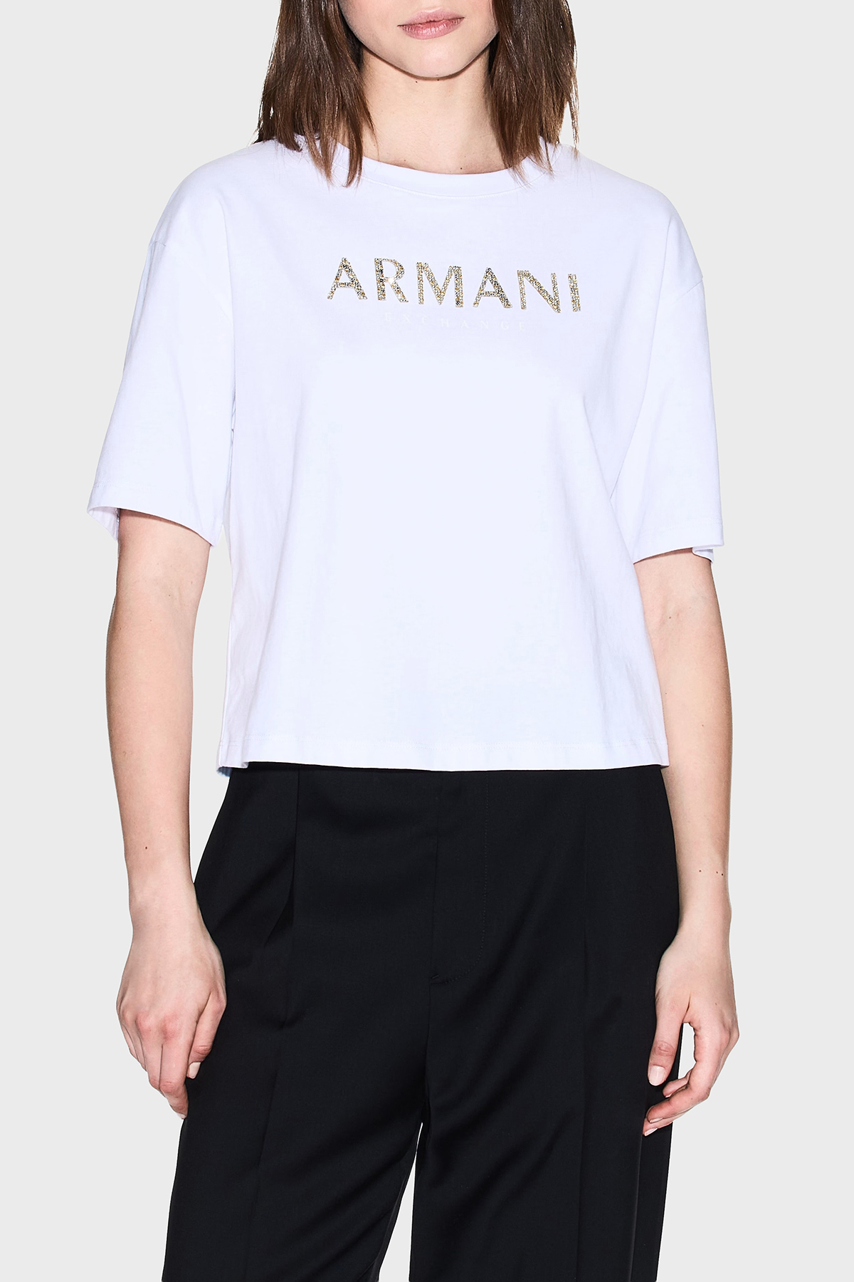 Armani Exchange % 100 Pamuk Cropped Fit Bisiklet Yaka Logolu Kadın T Shirt XW001364 AF15085 U0002 BEYAZ