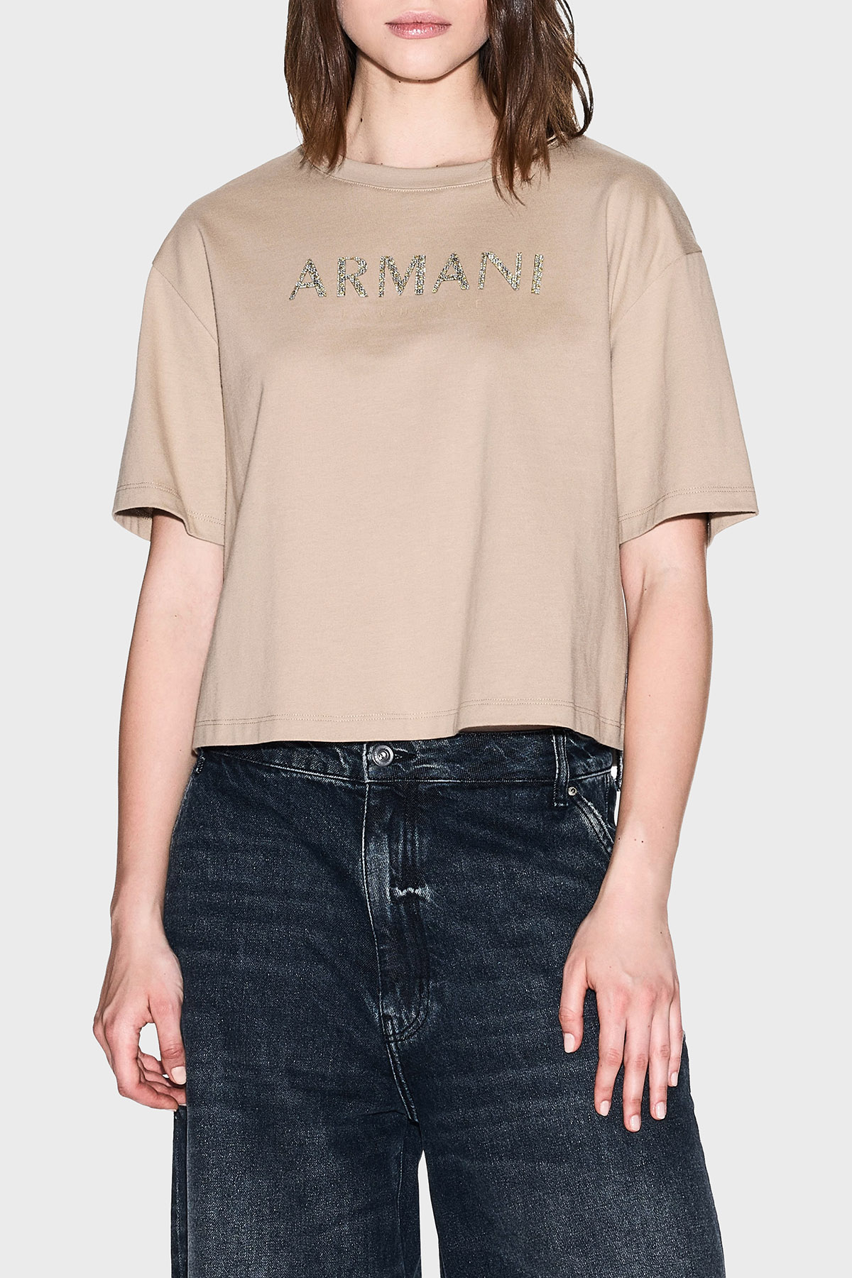 Armani Exchange % 100 Pamuk Cropped Fit Bisiklet Yaka Logolu Kadın T Shirt XW001364 AF15085 U1051 KUM BEJİ