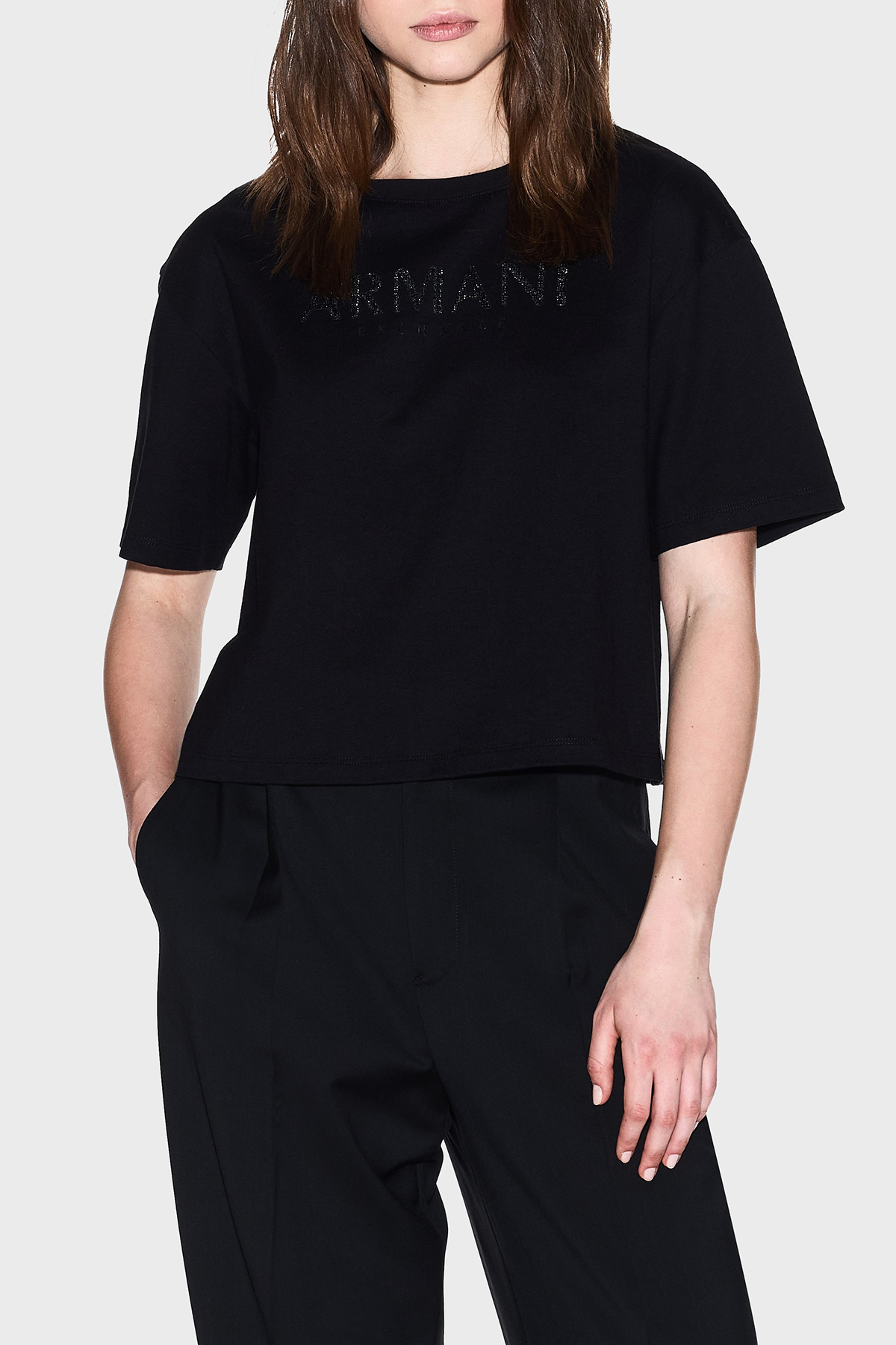 Armani Exchange % 100 Pamuk Cropped Fit Bisiklet Yaka Logolu Kadın T Shirt XW001364 AF15085 UC001 SİYAH