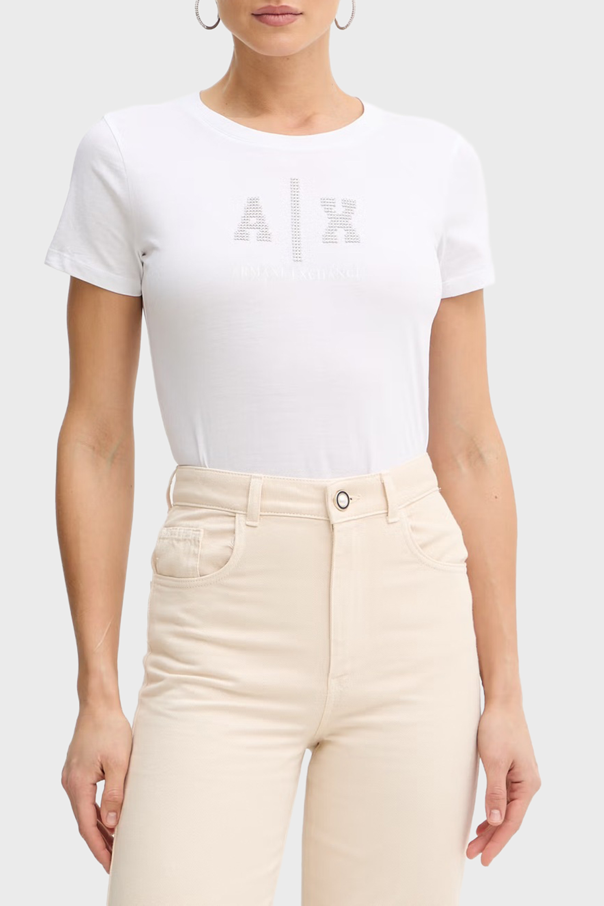 Armani Exchange % 100 Pamuk Logolu Bisiklet Yaka Kadın T Shirt XW002348 AF10356 U0002 Beyaz