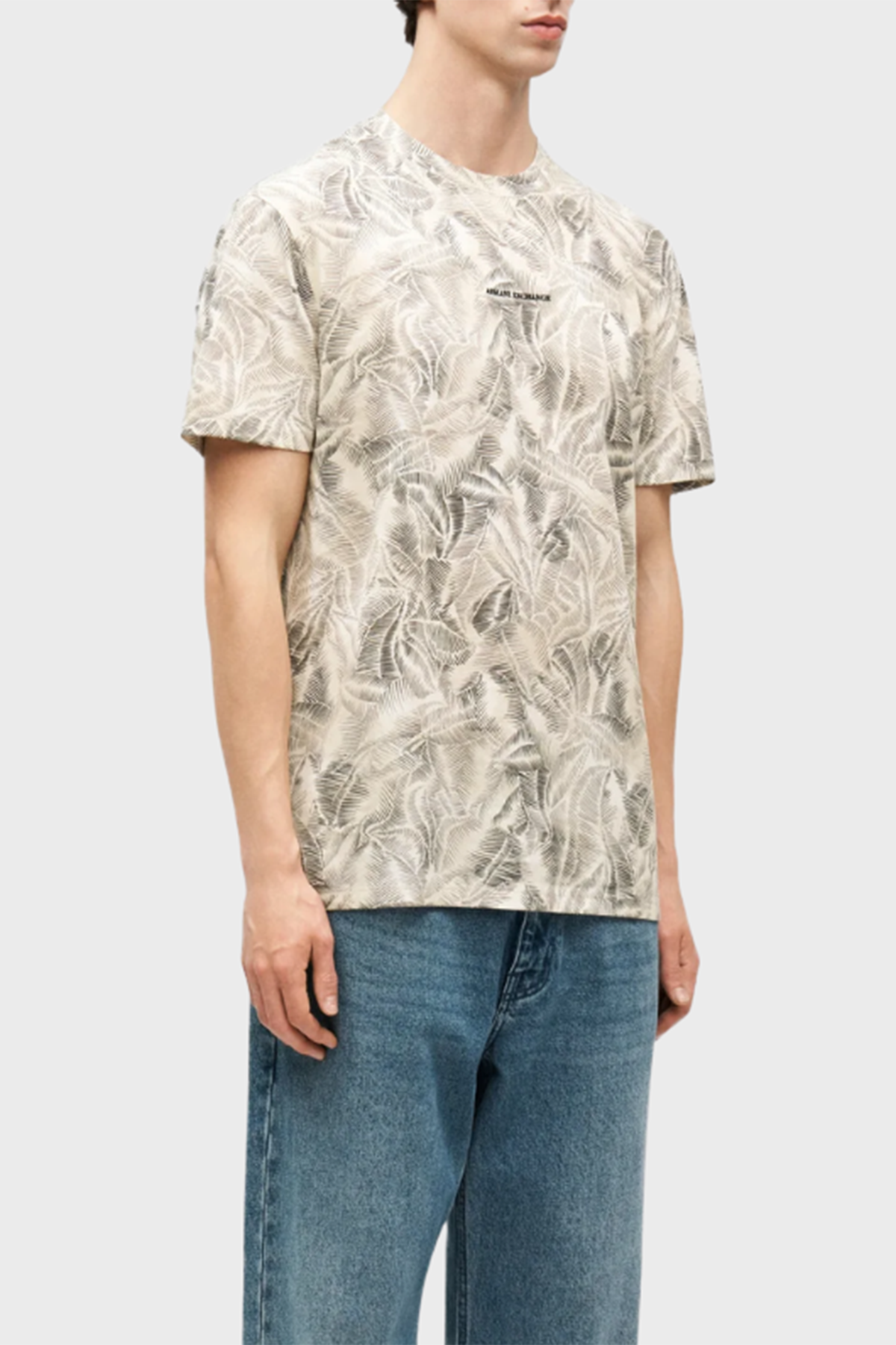 Armani Exchange % 100 Pamuk Normal Kalıp Bisiklet Yaka Desenli Erkek T Shirt XM002502 AF10358 F1146 Krem-Bej