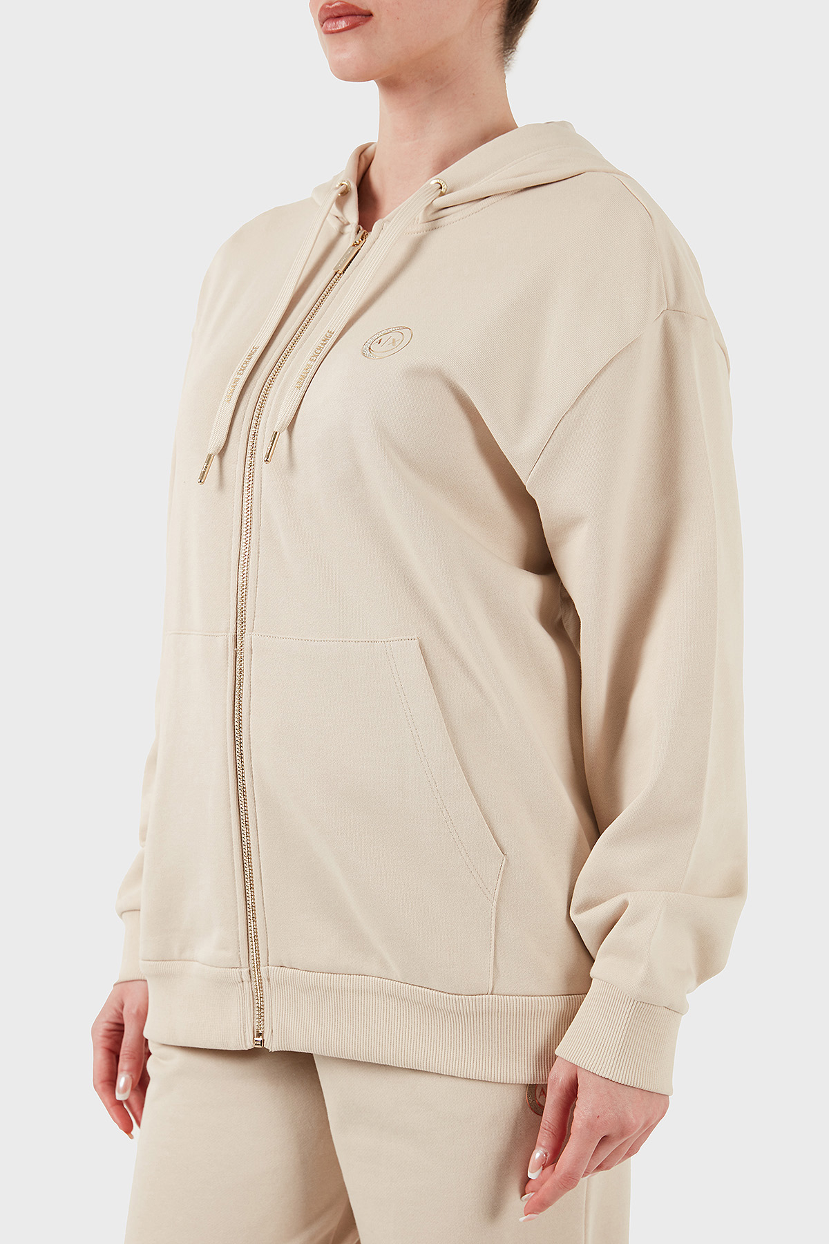 Armani Exchange % 100 Pamuk Relaxed Fit Kapüşonlu Fermuarlı Kadın Sweat XW000318 AF12217 U1095 BEJ