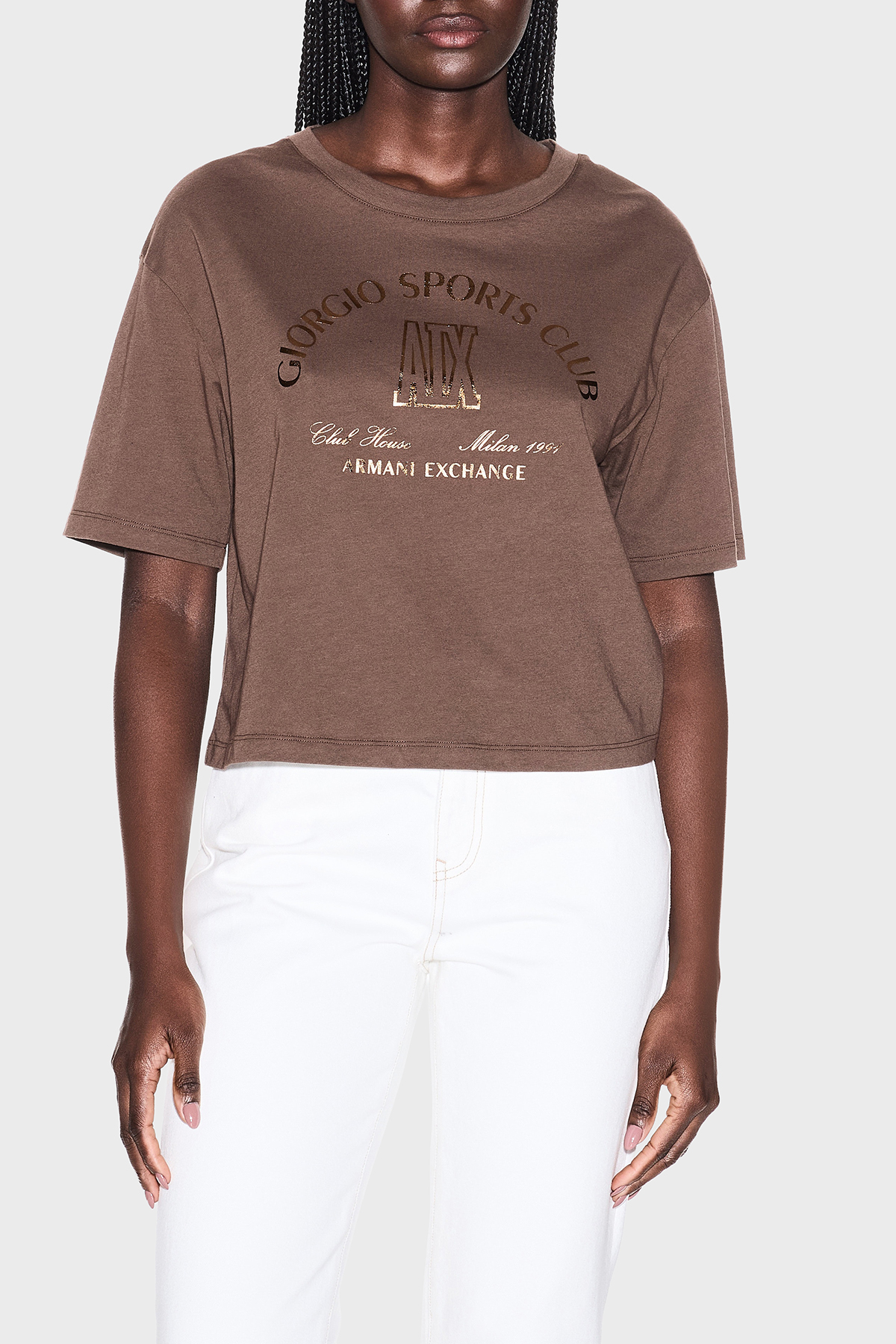 Armani Exchange Baskılı Pamuklu Regular Fit Bisiklet Yaka Crop Kadın T Shirt XW002335 AF10356 U6136 KAHVE
