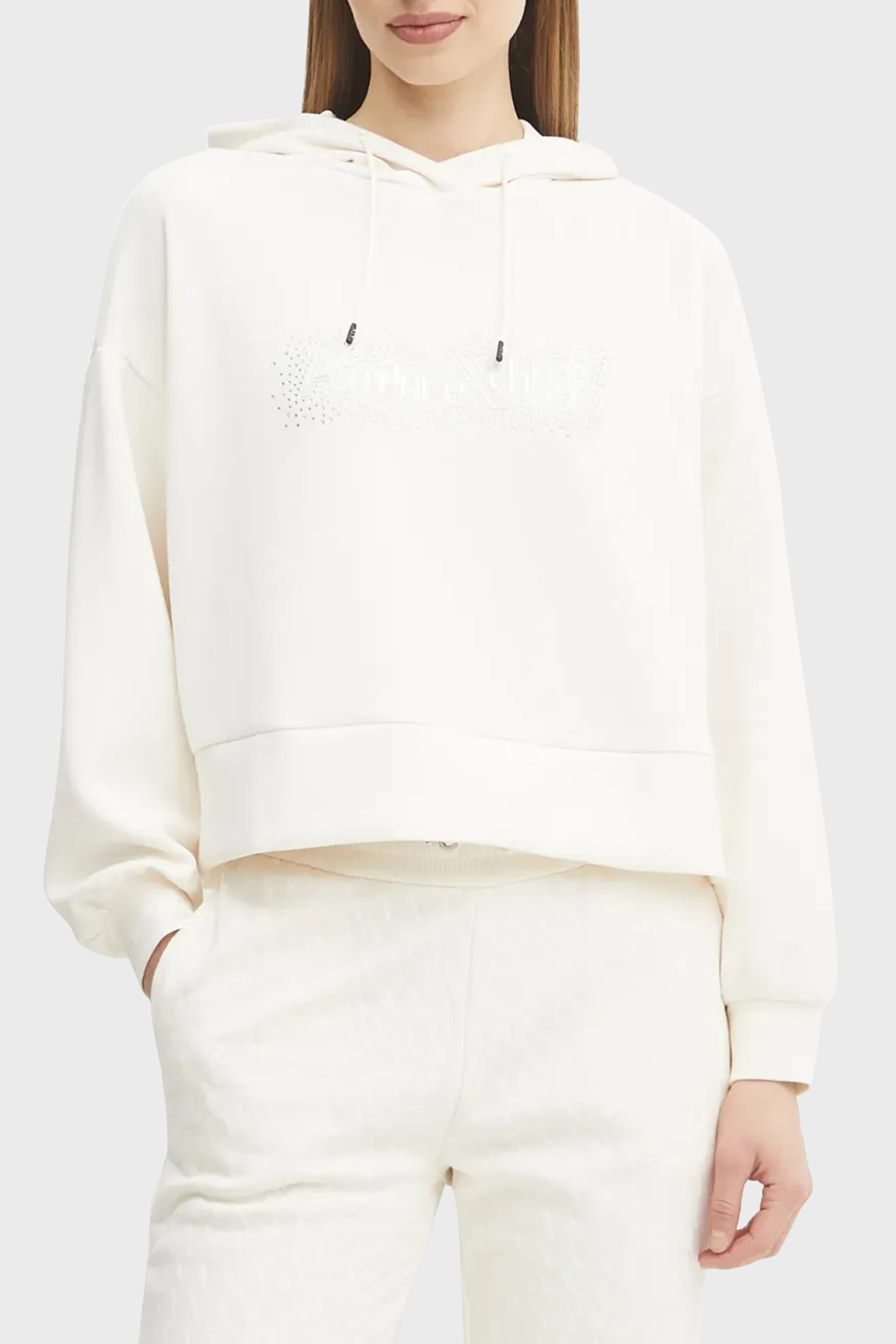 Armani Exchange Comfort Fit Kapüşonlu Taşlı Logolu Kadın Sweat XW000094 AF10804 U1003 EKRU