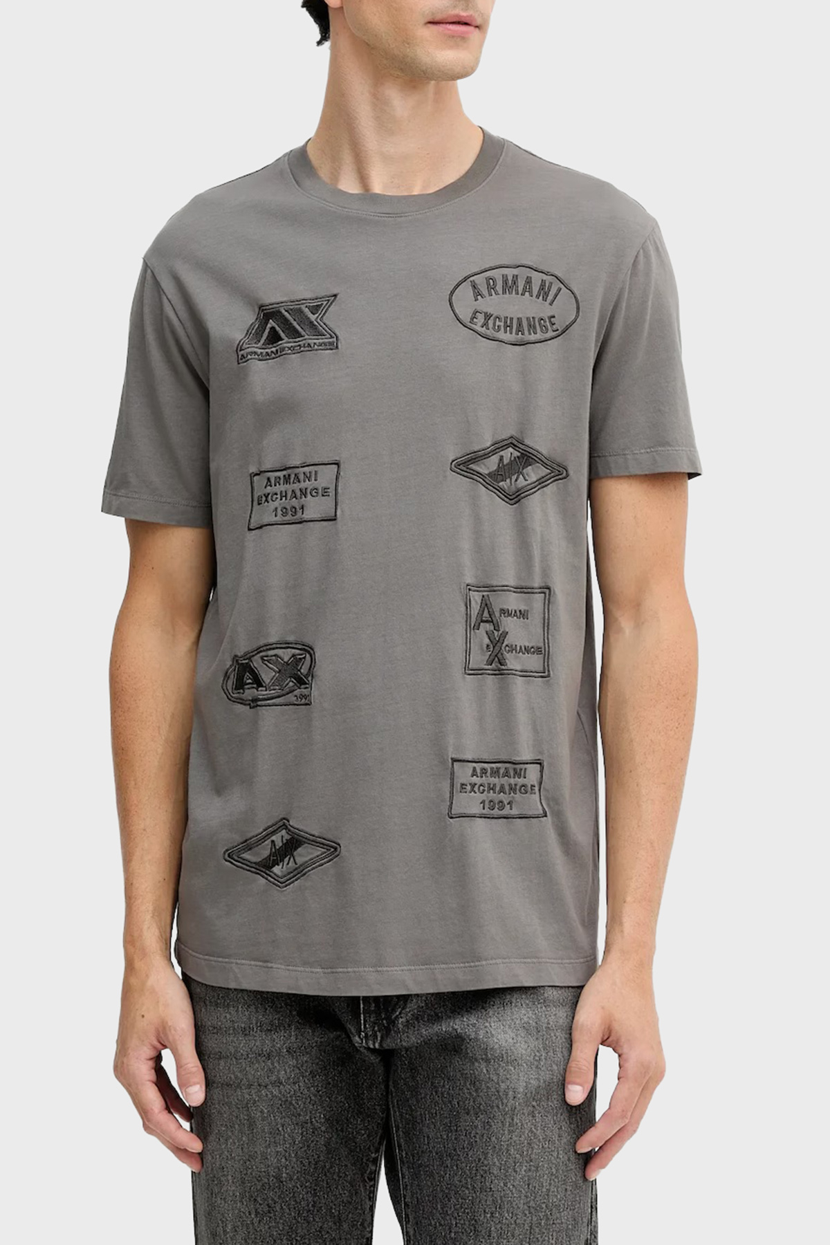 Armani Exchange İşlemeli Pamuklu Regular Fit Bisiklet Yaka Erkek T Shirt XM001899 AF16283 U8092 KOYU GRİ