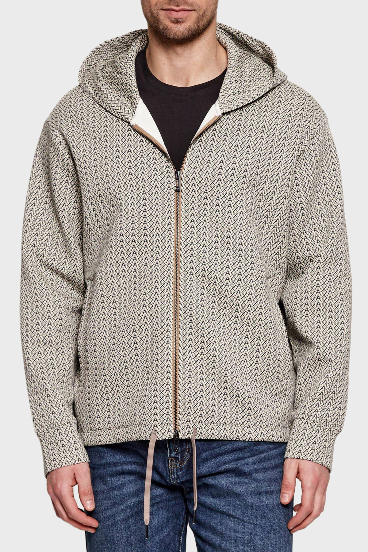 Armani Exchange Logo Baskılı Kapüşonlu Fermuarlı Erkek Sweat XM002013 AF10818 F0143 Krem