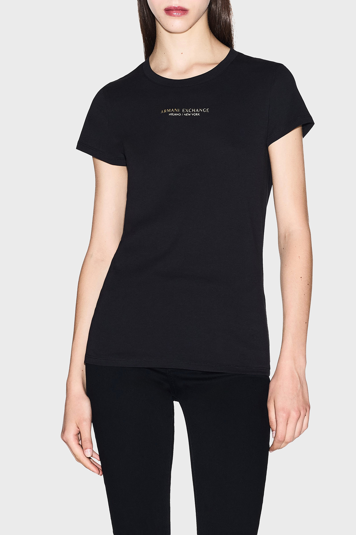 Armani Exchange Logolu % 100 Pamuk Yuvarlak Yaka Kadın T Shirt XW001455 AF10356 MC021 SİYAH-GOLD