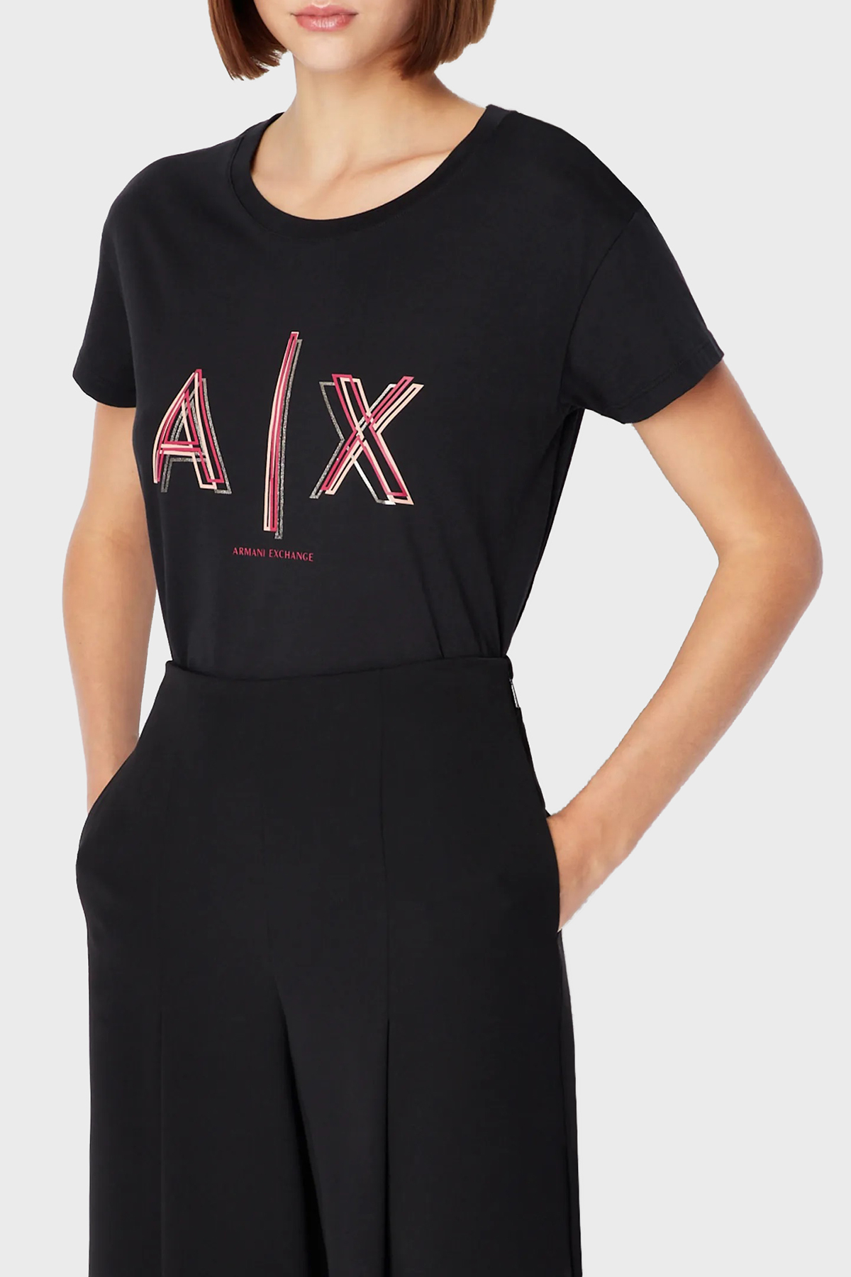 Armani Exchange Logolu Pamuklu Jarse Boyfriend Fit Bisiklet Yaka Kadın T Shirt 3RYTEJ YJ16Z 1200 SİYAH