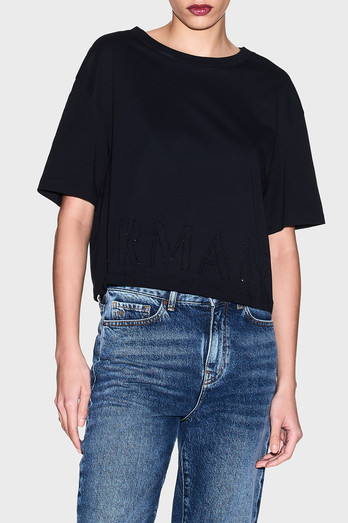 Armani Exchange Logolu Pamuklu Relaxed Fit Bisiklet Yaka Crop Kadın T Shirt XW001709 AF17172 UC001 SİYAH