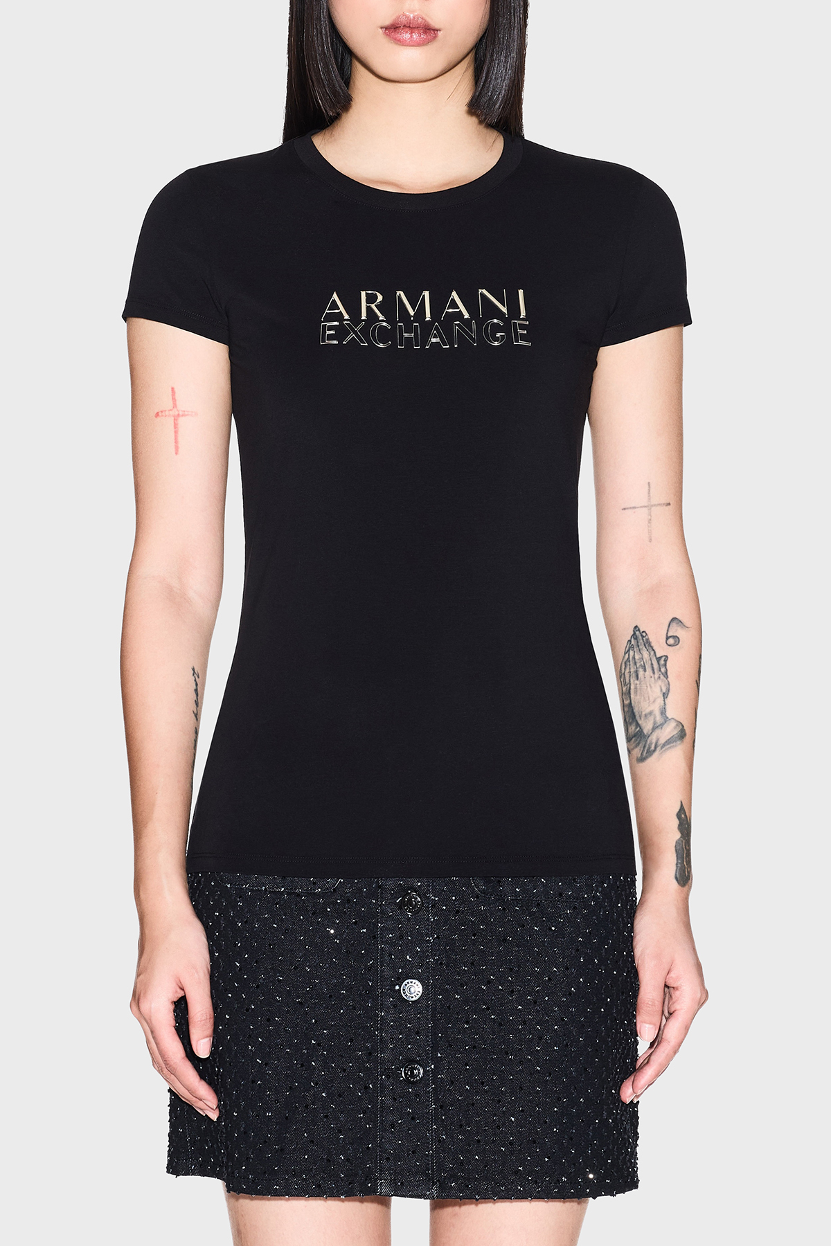Armani Exchange Logolu Pamuklu Slim Fit Bisiklet Yaka Kadın T Shirt XW001837 AF16294 UC001 SİYAH