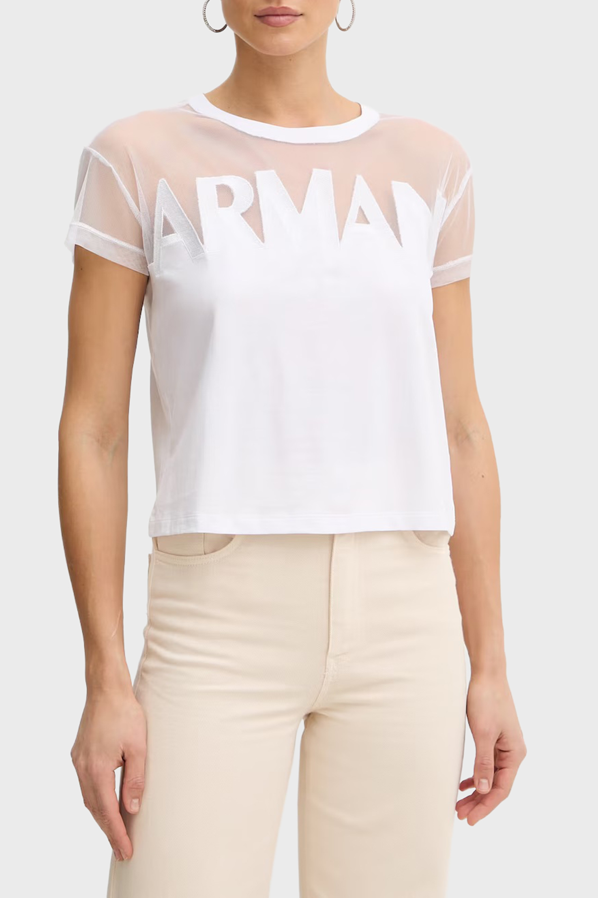 Armani Exchange Logolu Transparan Omuz Detaylı Pamuklu Kadın T Shirt XW002332 AF10356 U0002 Beyaz