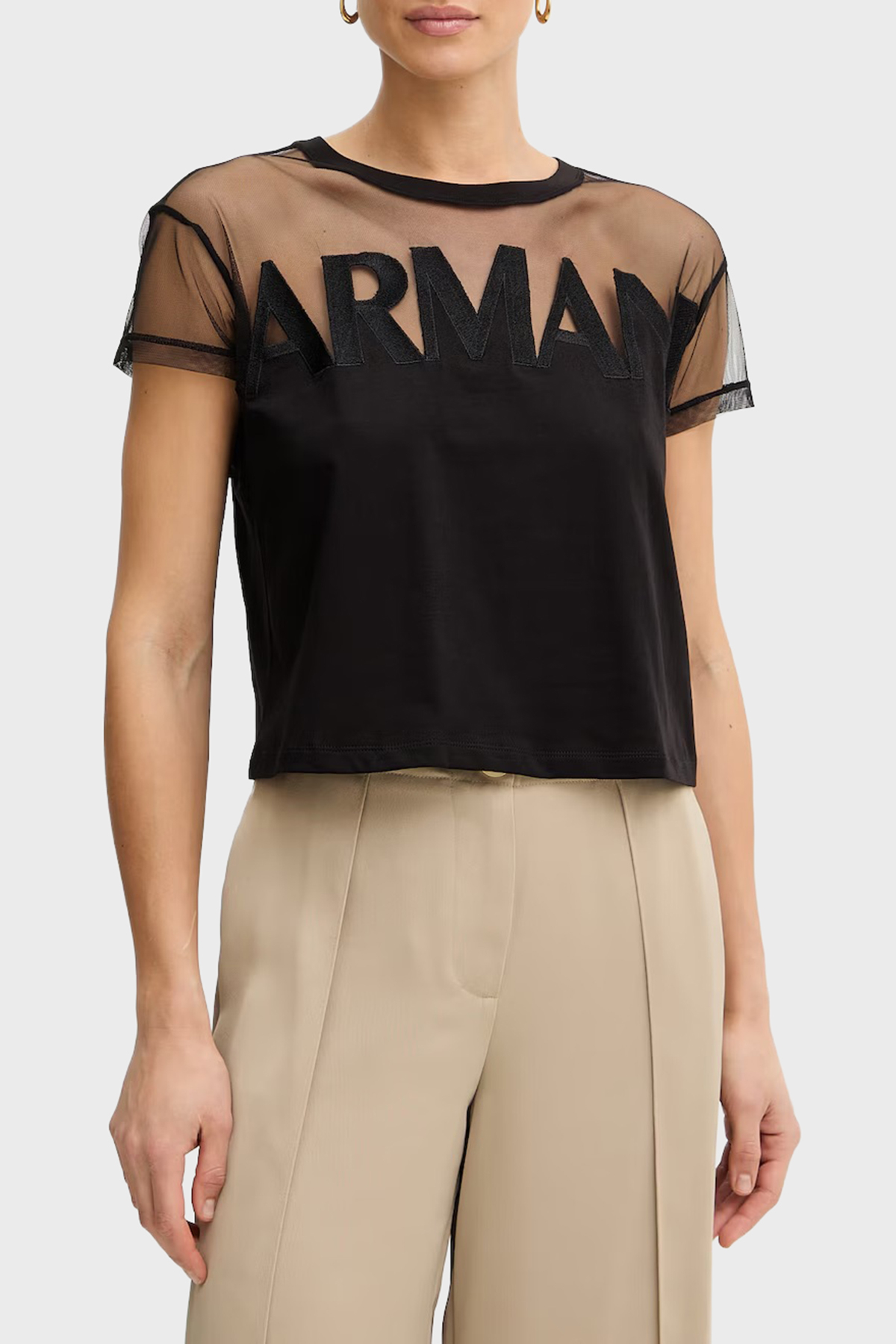 Armani Exchange Logolu Transparan Omuz Detaylı Pamuklu Kadın T Shirt XW002332 AF10356 UC001 SİYAH