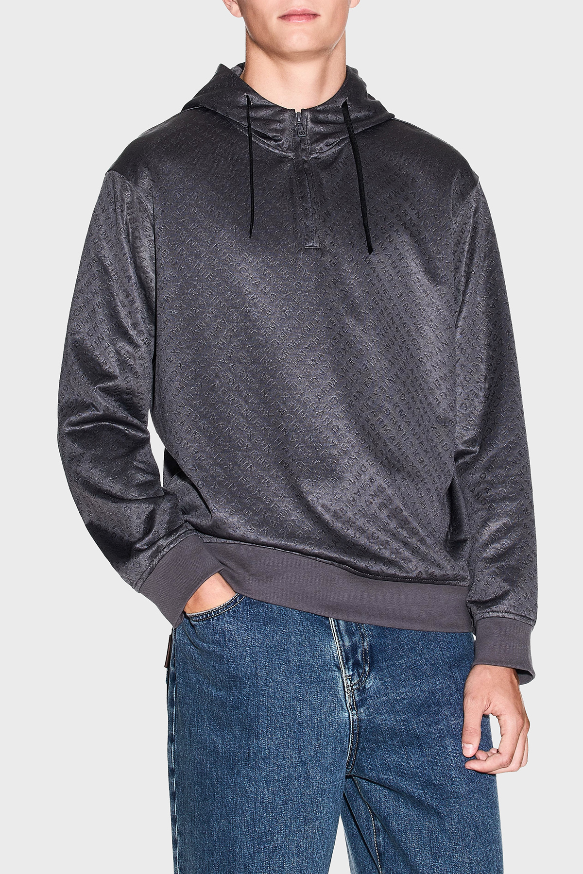 Armani Exchange Pamuk Karışımlı Regular Fit Yarım Fermuarlı Kapüşonlu Erkek Sweat XM001355 AF16259 F8039 GRİ