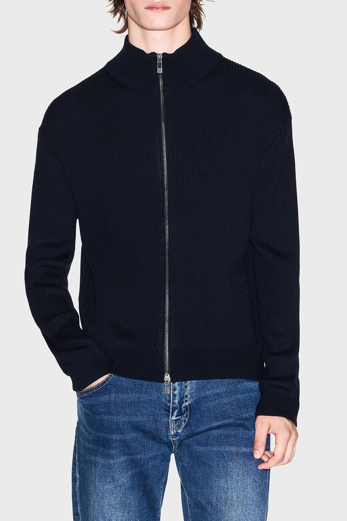 Armani Exchange Pamuk ve Yün Karışımlı Regular Fit Dik Yaka Erkek Hırka XM000912 AF10348 UB101 LACİVERT