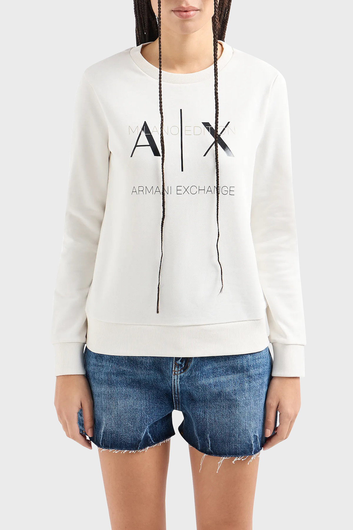 Armani Exchange Pamuklu Regular Fit Bisiklet Yaka Kadın Sweat 3DYM92 YJFDZ 1125 BEYAZ