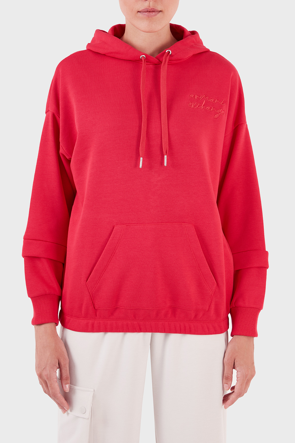 Armani Exchange Pamuklu Regular Fit Kanguru Cepli Kapüşonlu Kadın Sweat 6RYM72 YJBRZ 14BB KIRMIZI