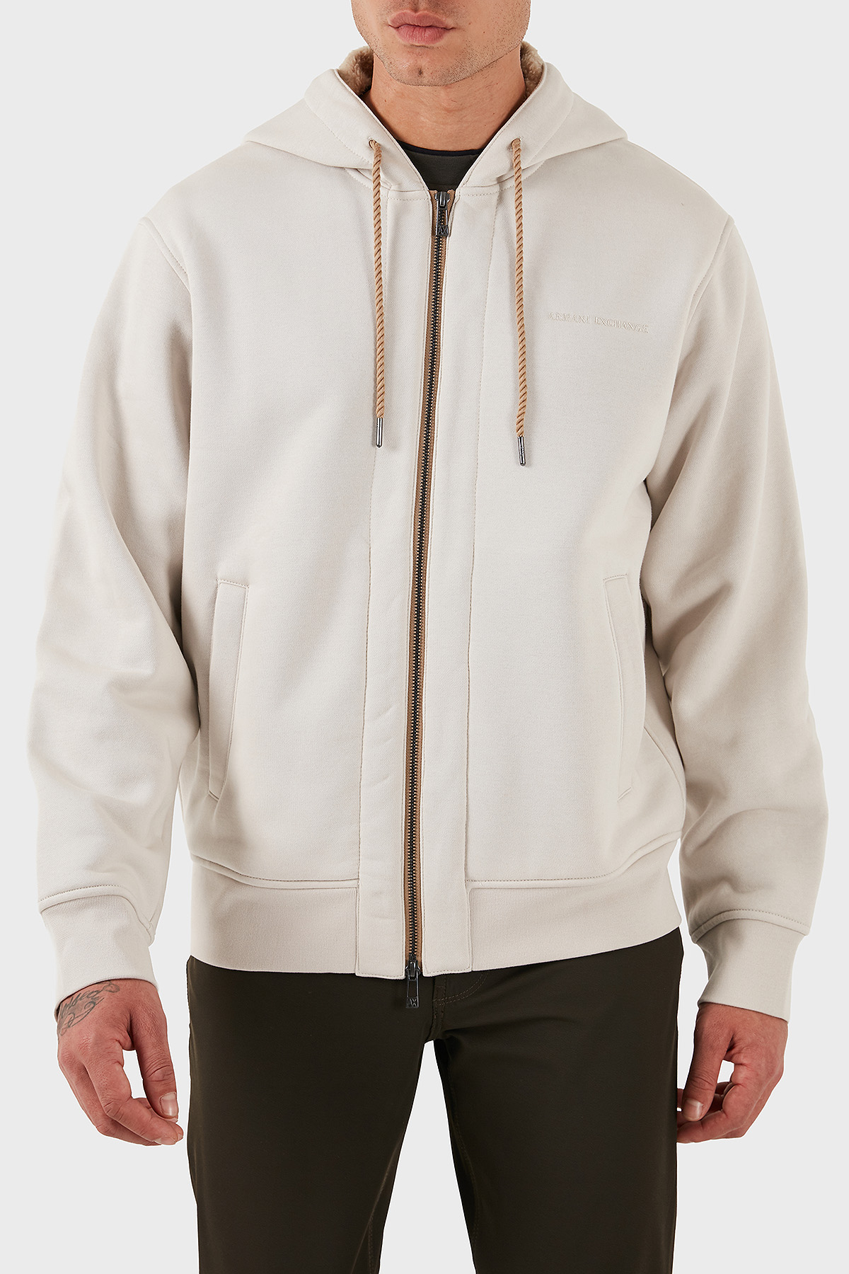 Armani Exchange Pamuklu Regular Fit Kapüşonlu Fermuarlı Erkek Sweat XM001026 AF16279 U1013 EKRU
