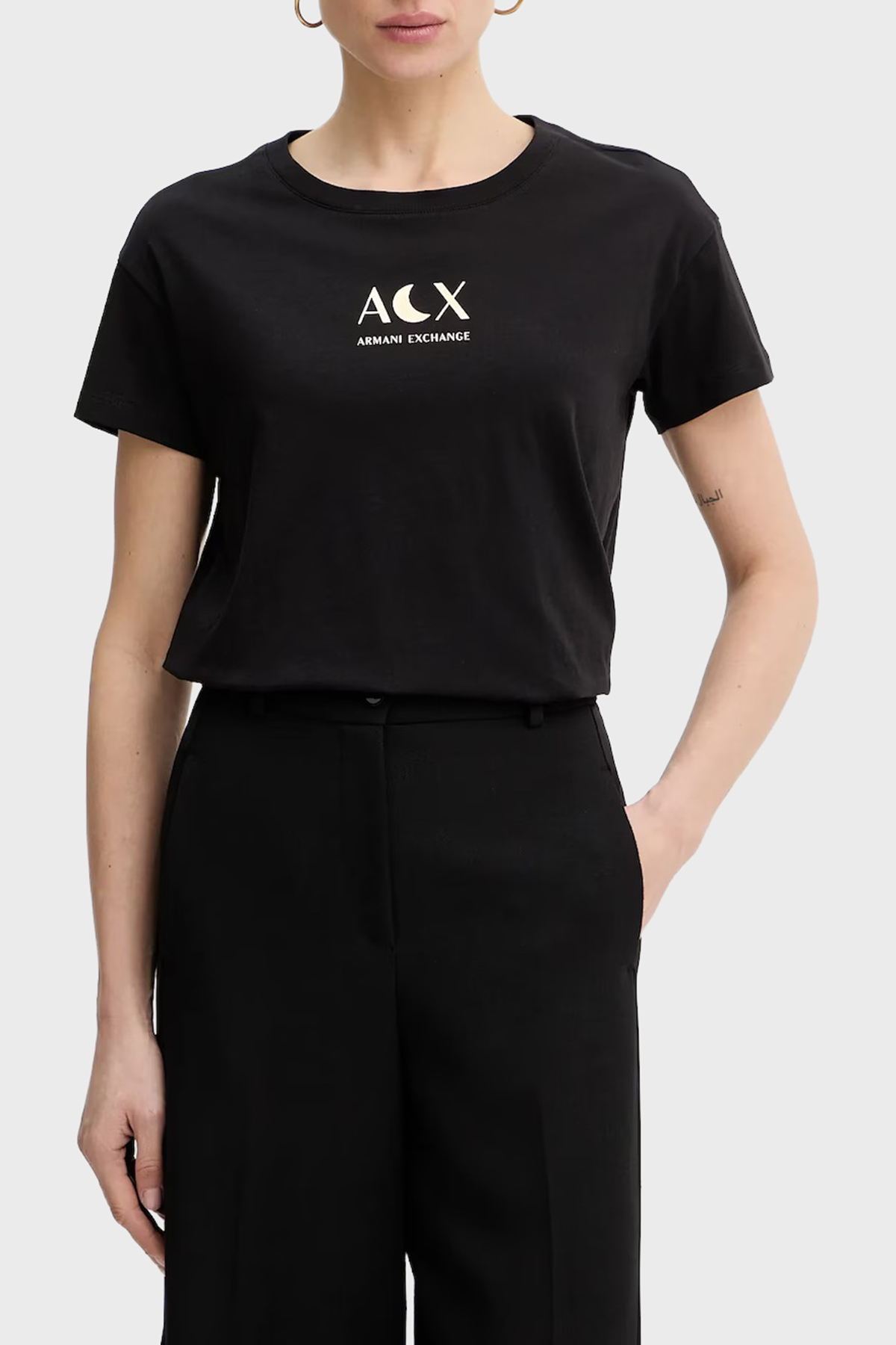 Armani Exchange Pamuklu Regular Fit Logolu Bisiklet Yaka Kadın T Shirt XW001850 AF10356 UC001 SİYAH