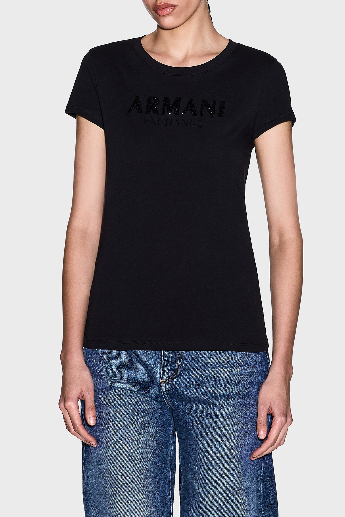 Armani Exchange Pamuklu Regular Fit Logolu Bisiklet Yaka Kadın T Shirt XW002106 AF10356 UC001 SİYAH