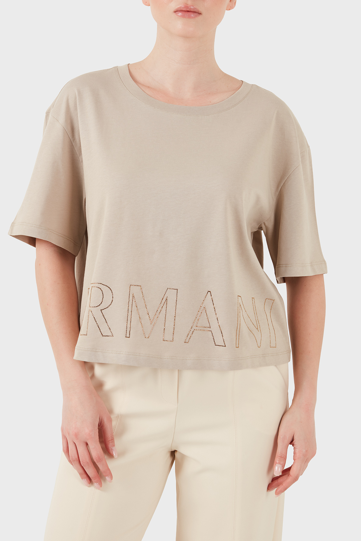Armani Exchange Pamuklu Relaxed Fit Logo Detaylı Bisiklet Yaka Kadın T Shirt XW001709 AF17172 U6223 BEJ