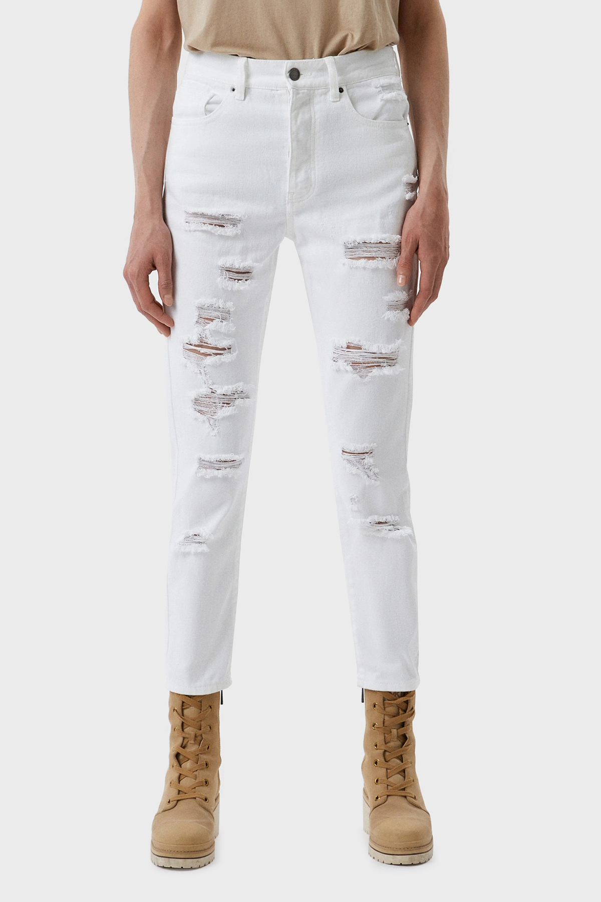 Armani Exchange Pamuklu Yüksek Bel Slim Fit Yırtık Detaylı J51 Jeans Kadın Kot Pantolon 3RYJ51 Y1HRZ 1100 BEYAZ