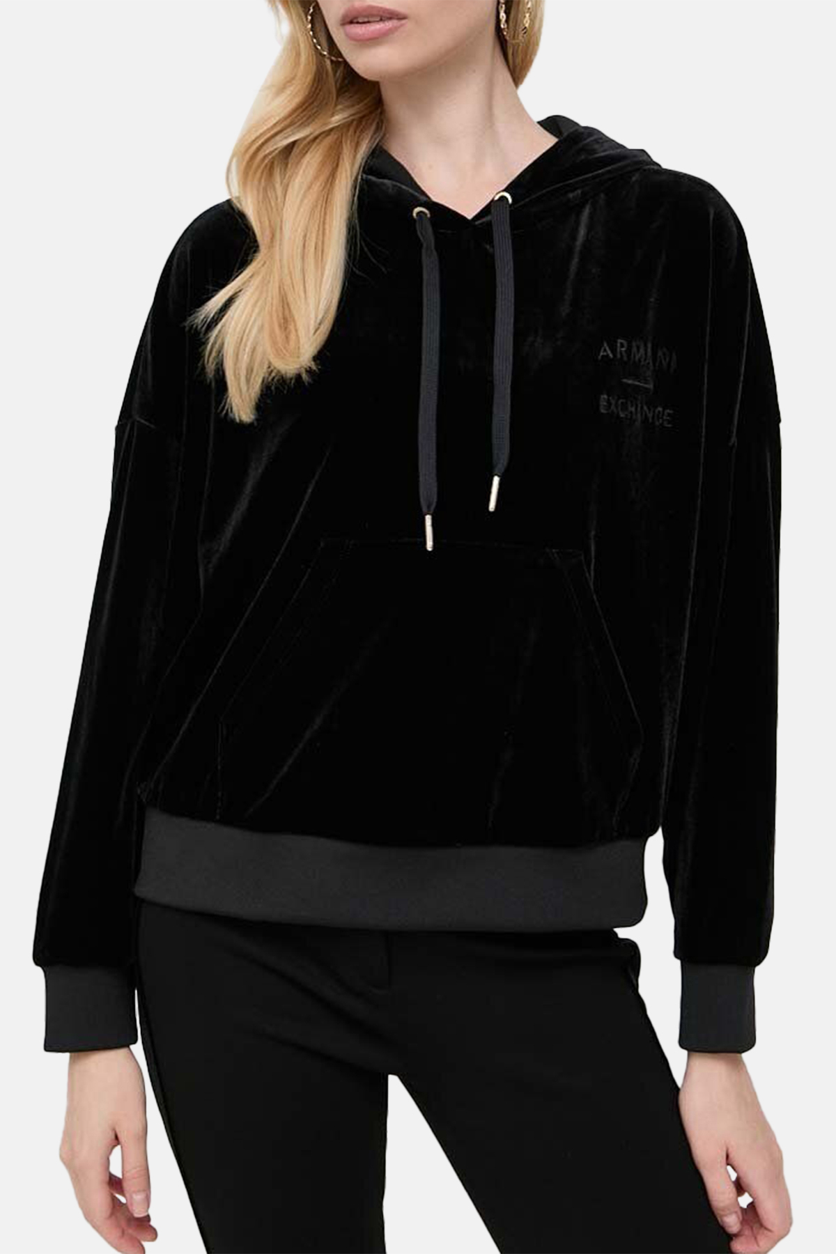 Armani Exchange Regular Fit Kanguru Cepli Kapüşonlu Kadife Kadın Sweat 6RYM45 YJ9WZ 1200 SİYAH