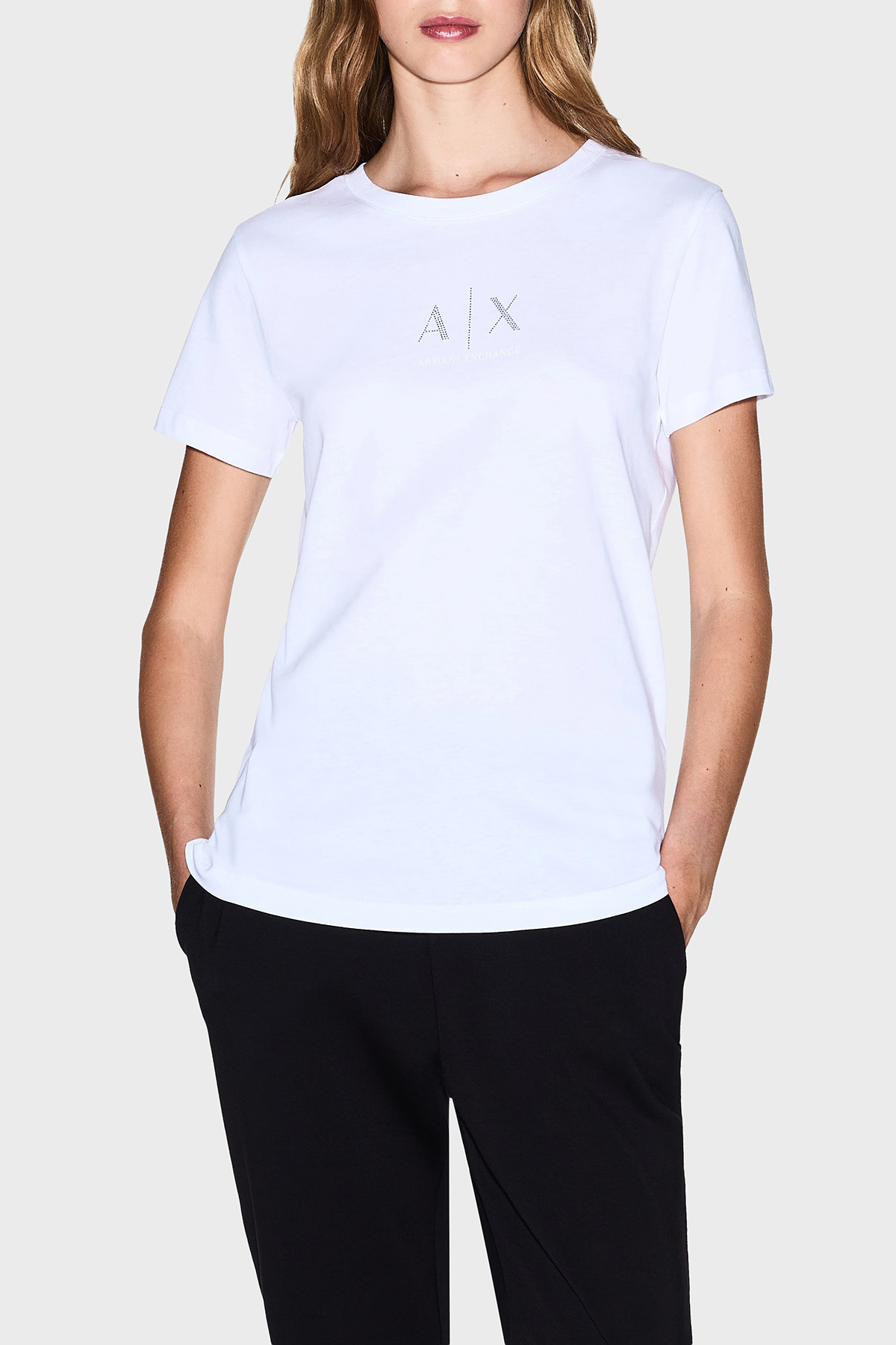 Armani Exchange Taşlı Logo Detaylı Pamuklu Regular Fit Bisiklet Yaka Kadın T Shirt XW001459 AF10356 U0002 BEYAZ