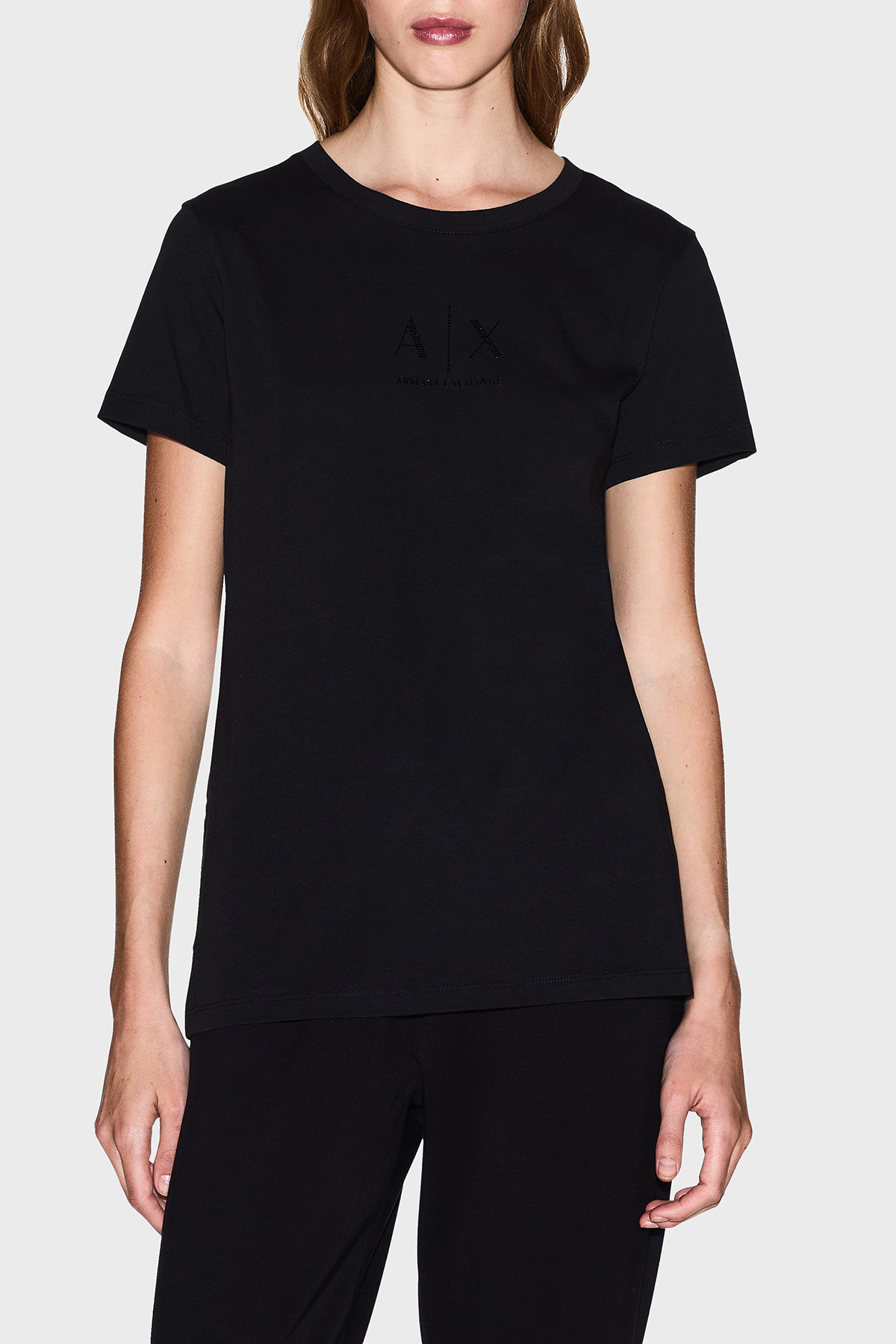Armani Exchange Taşlı Logo Detaylı Pamuklu Regular Fit Bisiklet Yaka Kadın T Shirt XW001459 AF10356 UC001 SİYAH