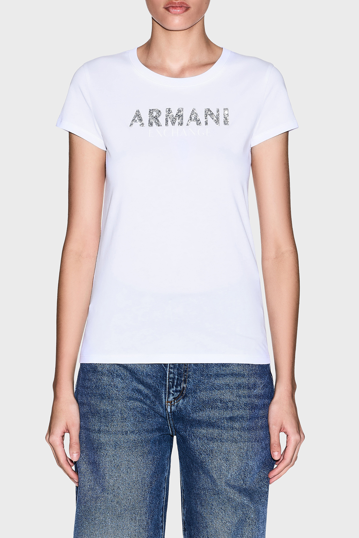 Armani Exchange Taşlı Logolu Pamuklu Slim Fit Bisiklet Yaka Kadın T Shirt XW002106 AF10356 U0002 BEYAZ