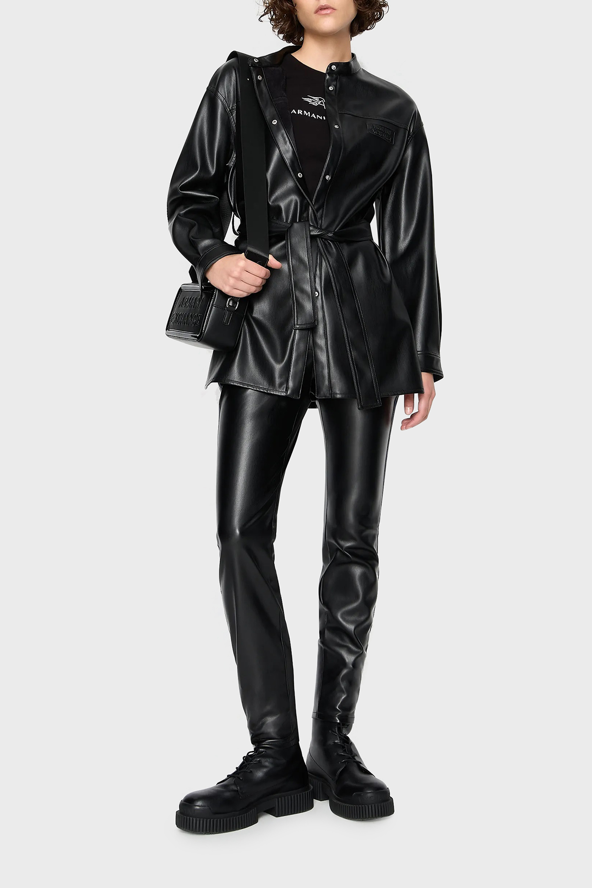 Armani Exchange Yanları Kontrast Çizgili Yüksek Bel Regular Fit Deri Kadın Pantolon 6RYP32 YN8PZ 1200 SİYAH