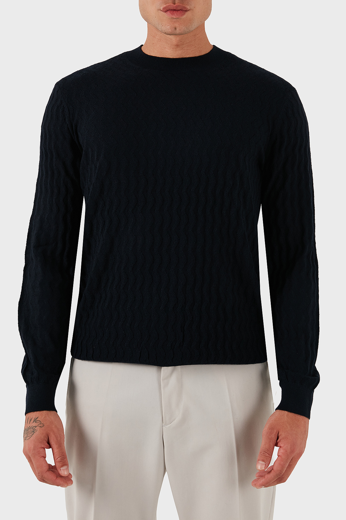 Armani Exchange Yün Karışımlı Regular Fit Bisiklet Yaka Dalgalı Dokuma Erkek Kazak XM001560 AF11982 FB065 LACİVERT