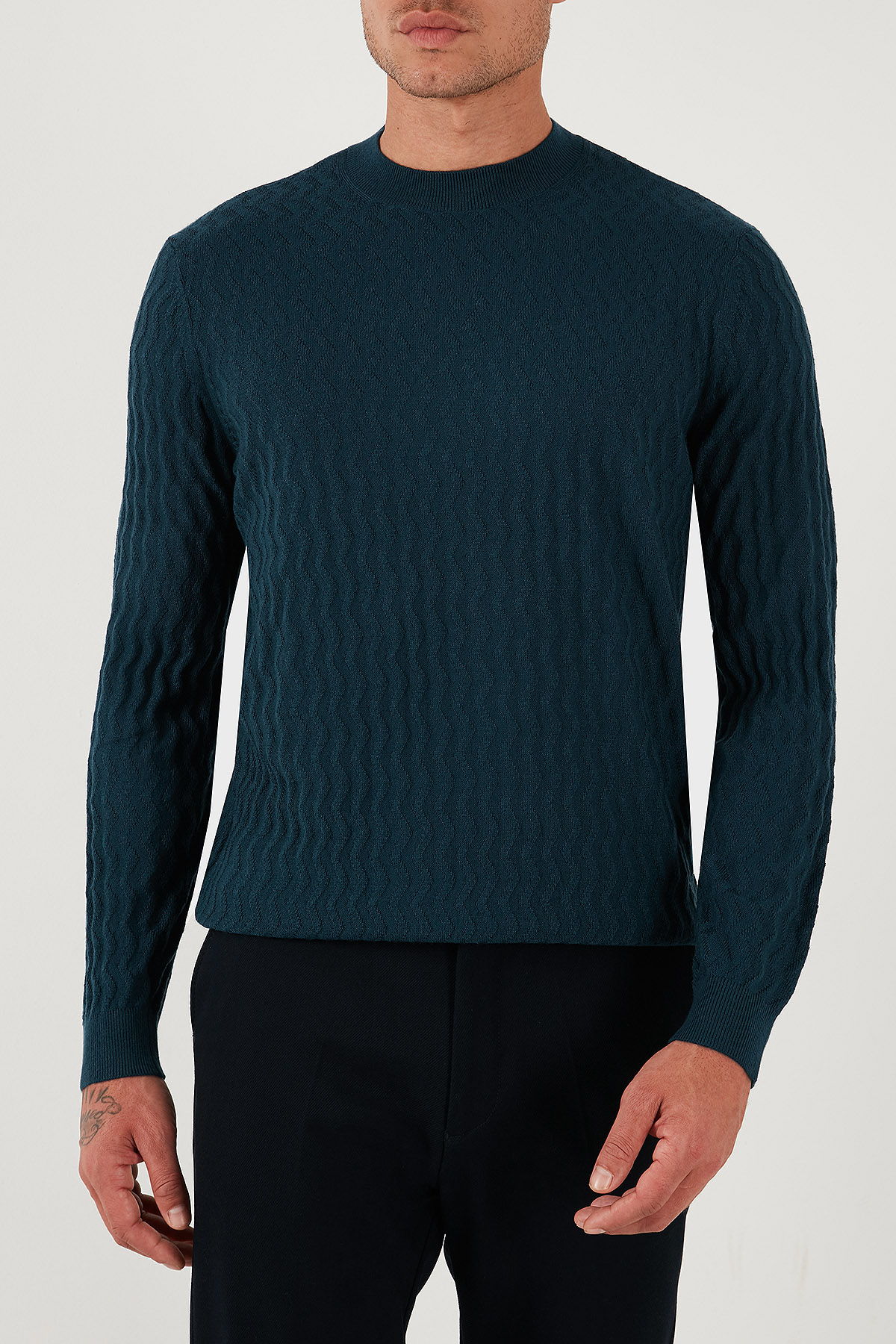 Armani Exchange Yün Karışımlı Regular Fit Bisiklet Yaka Dalgalı Dokuma Erkek Kazak XM001560 AF11982 FB068 PETROL