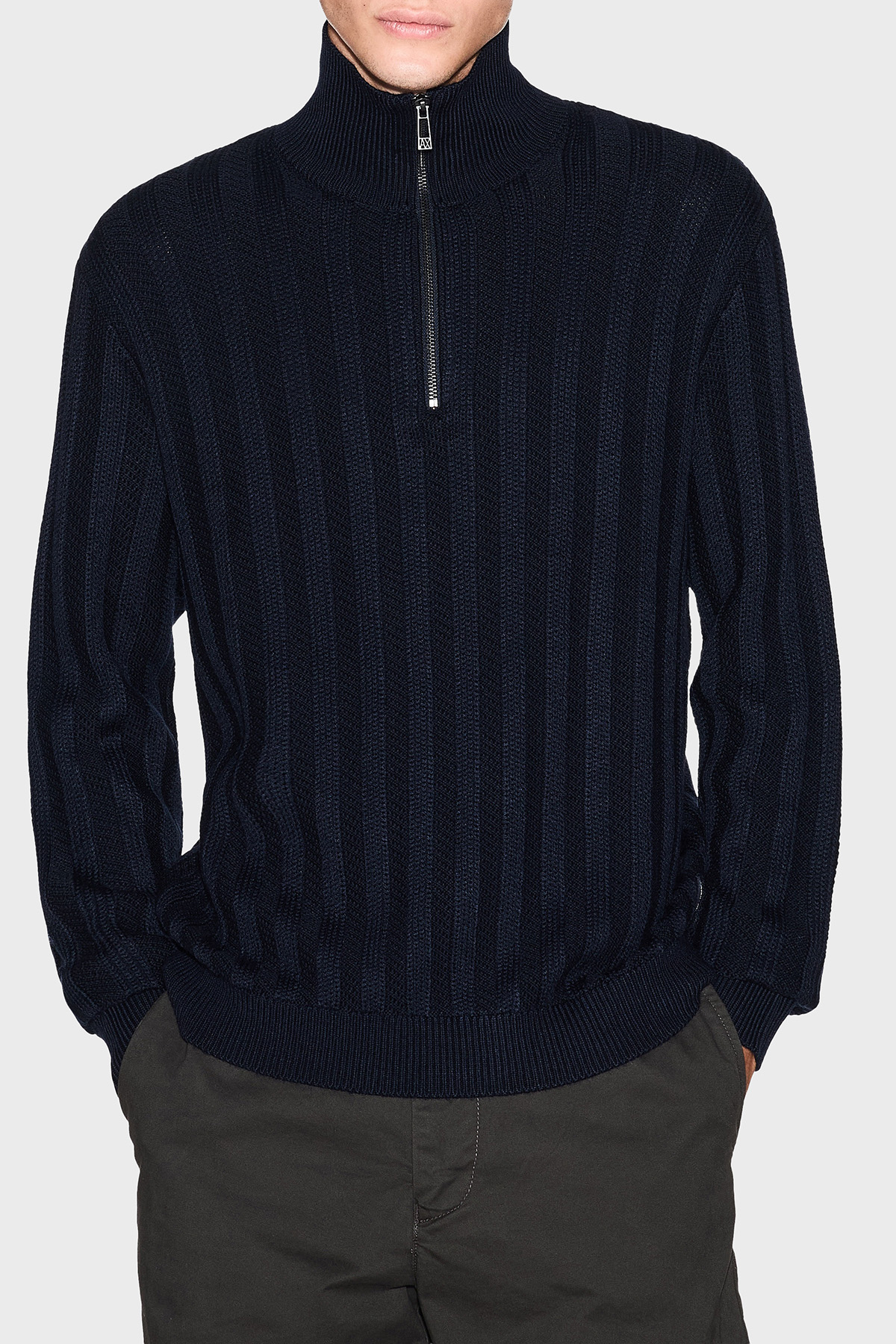 Armani Exchange Yün Karışımlı Relaxed Fit Yarım Fermuarlı Dik Yaka Erkek Kazak XM001332 AF13776 UB101 LACİVERT